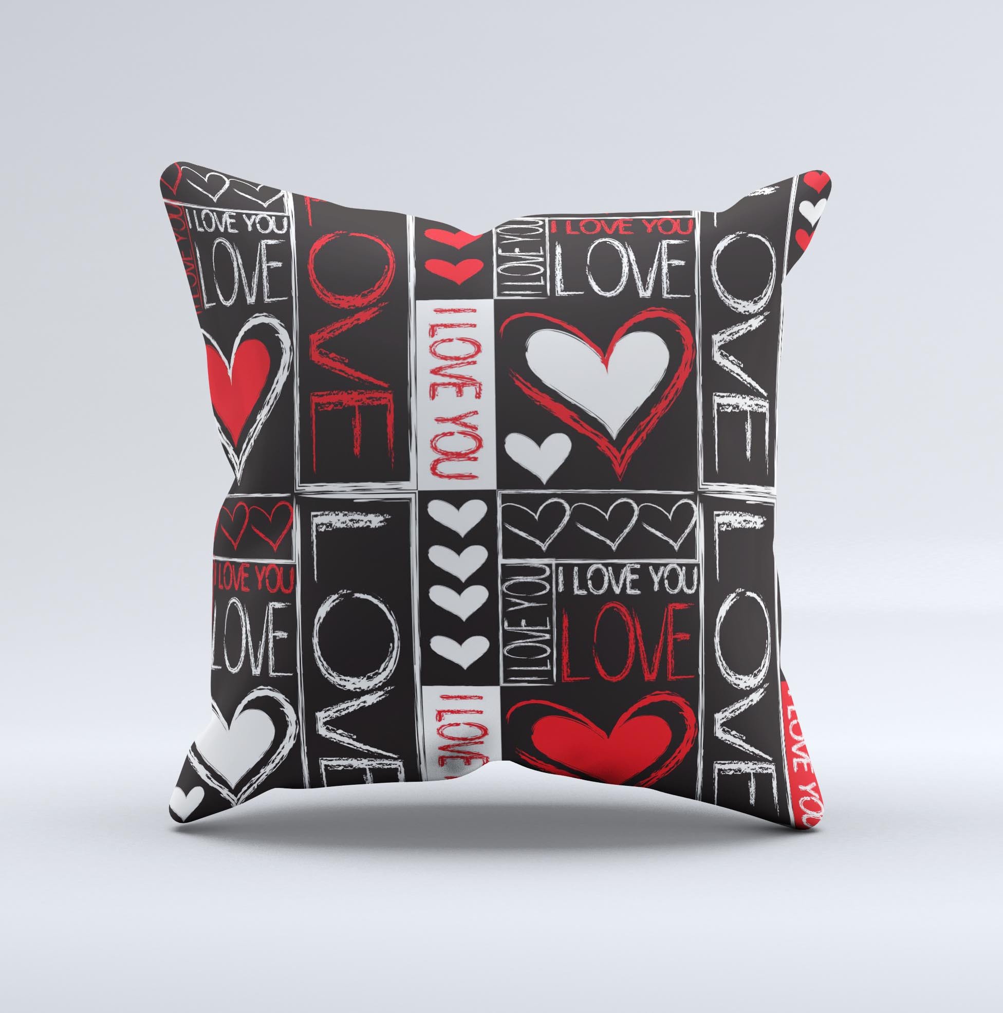 Handcrafted Sketch Love Heart Collage decorative throw pillow featuring vibrant heart designs on a soft poly/cotton fabric.