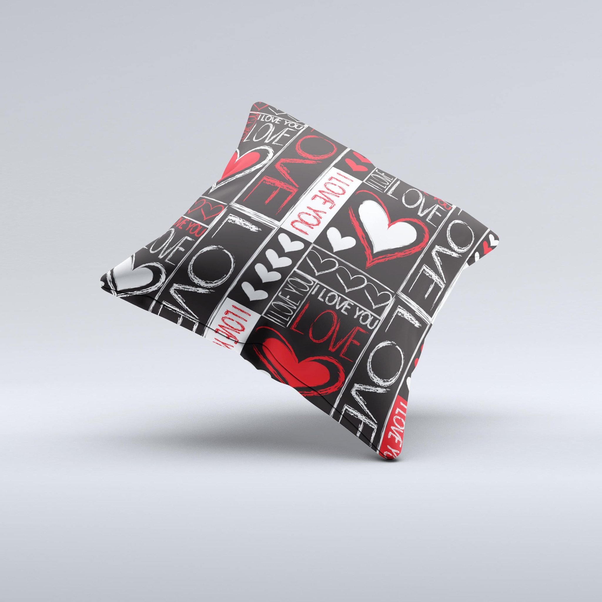 Handcrafted Sketch Love Heart Collage decorative throw pillow featuring vibrant heart designs on a soft poly/cotton fabric.