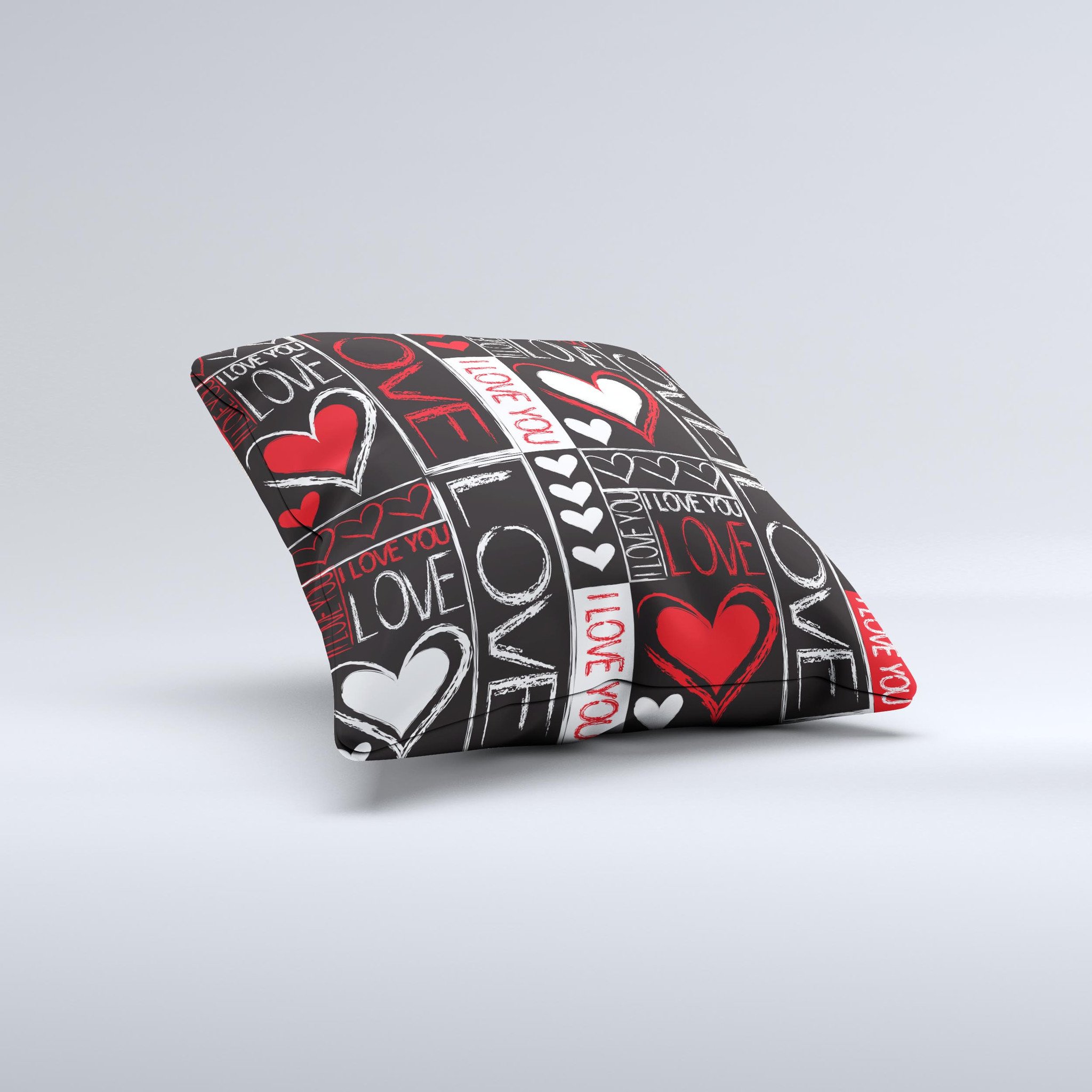 Handcrafted Sketch Love Heart Collage decorative throw pillow featuring vibrant heart designs on a soft poly/cotton fabric.