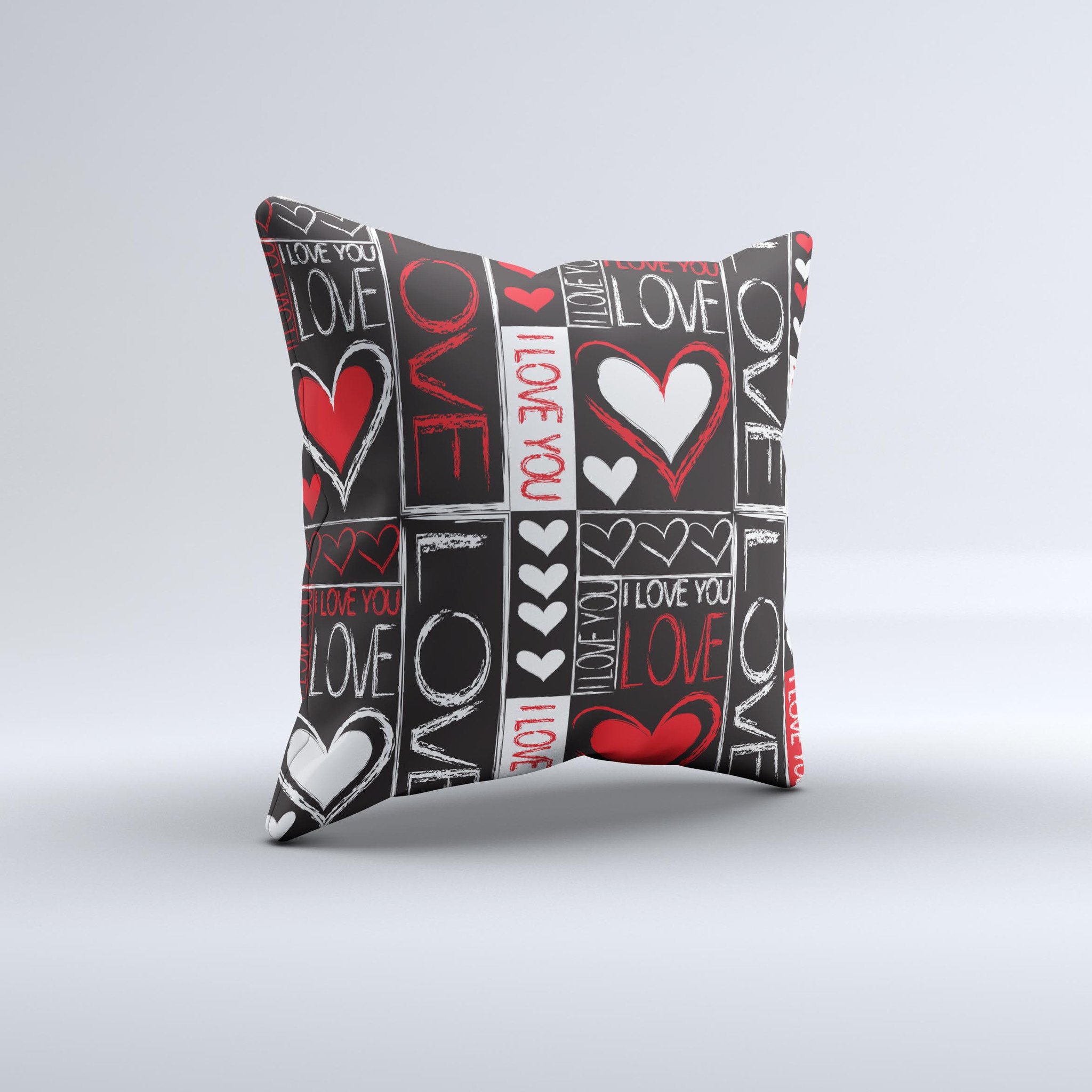 Handcrafted Sketch Love Heart Collage decorative throw pillow featuring vibrant heart designs on a soft poly/cotton fabric.