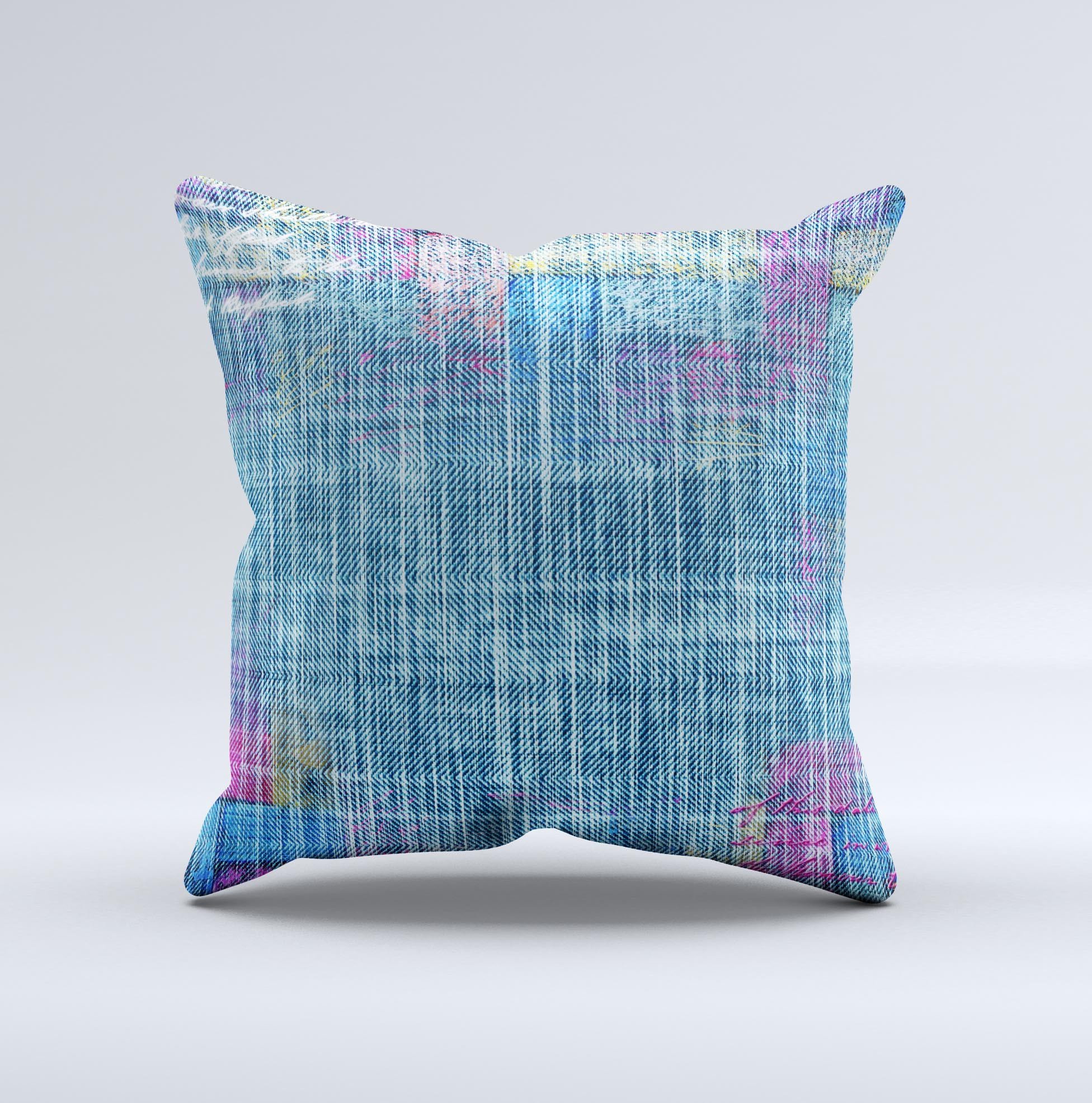 A handcrafted Sketched Blue Word Surface Ink-Fuzed Decorative Throw Pillow featuring a unique design, high thread count fabric, and plush polyester filling.