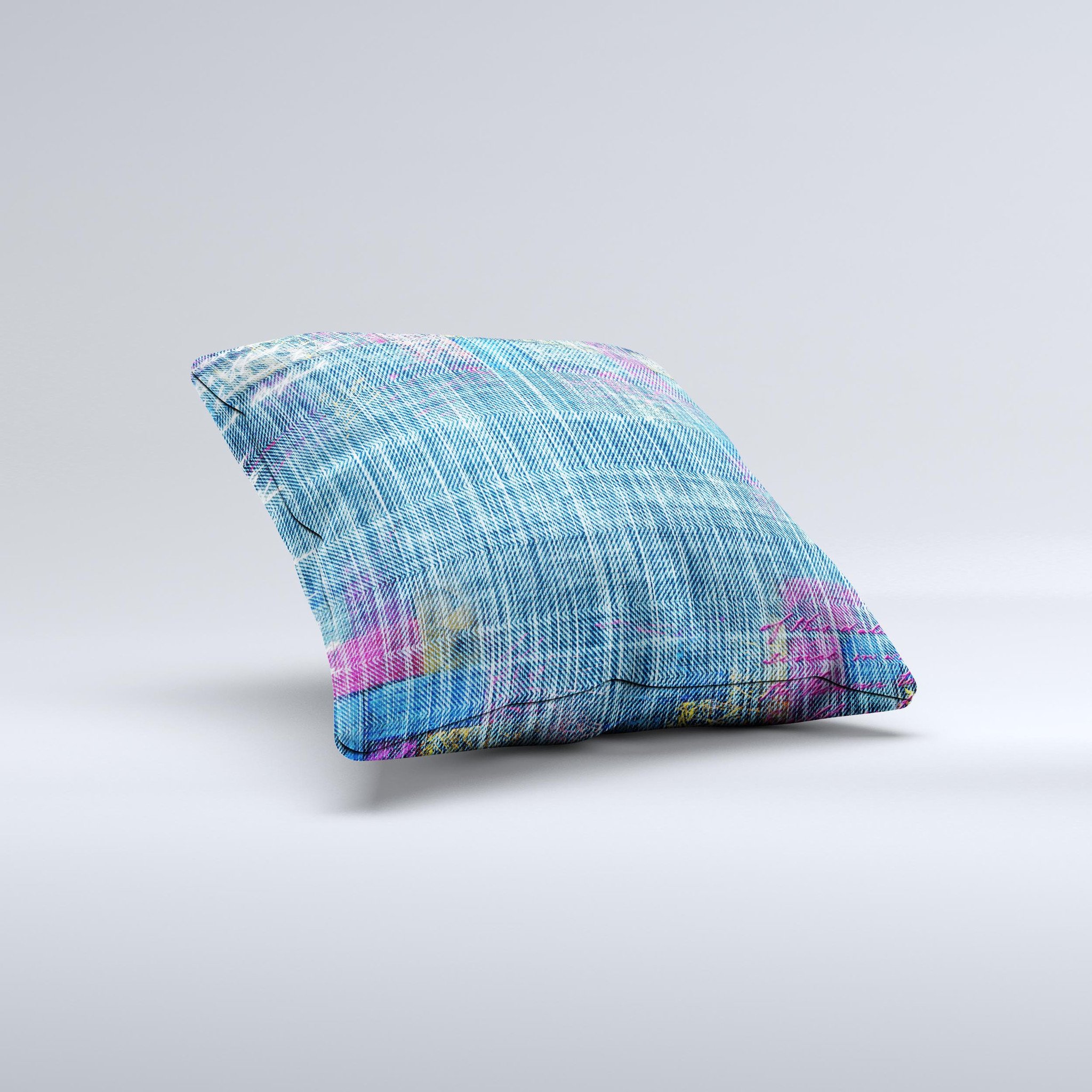 A handcrafted Sketched Blue Word Surface Ink-Fuzed Decorative Throw Pillow featuring a unique design, high thread count fabric, and plush polyester filling.