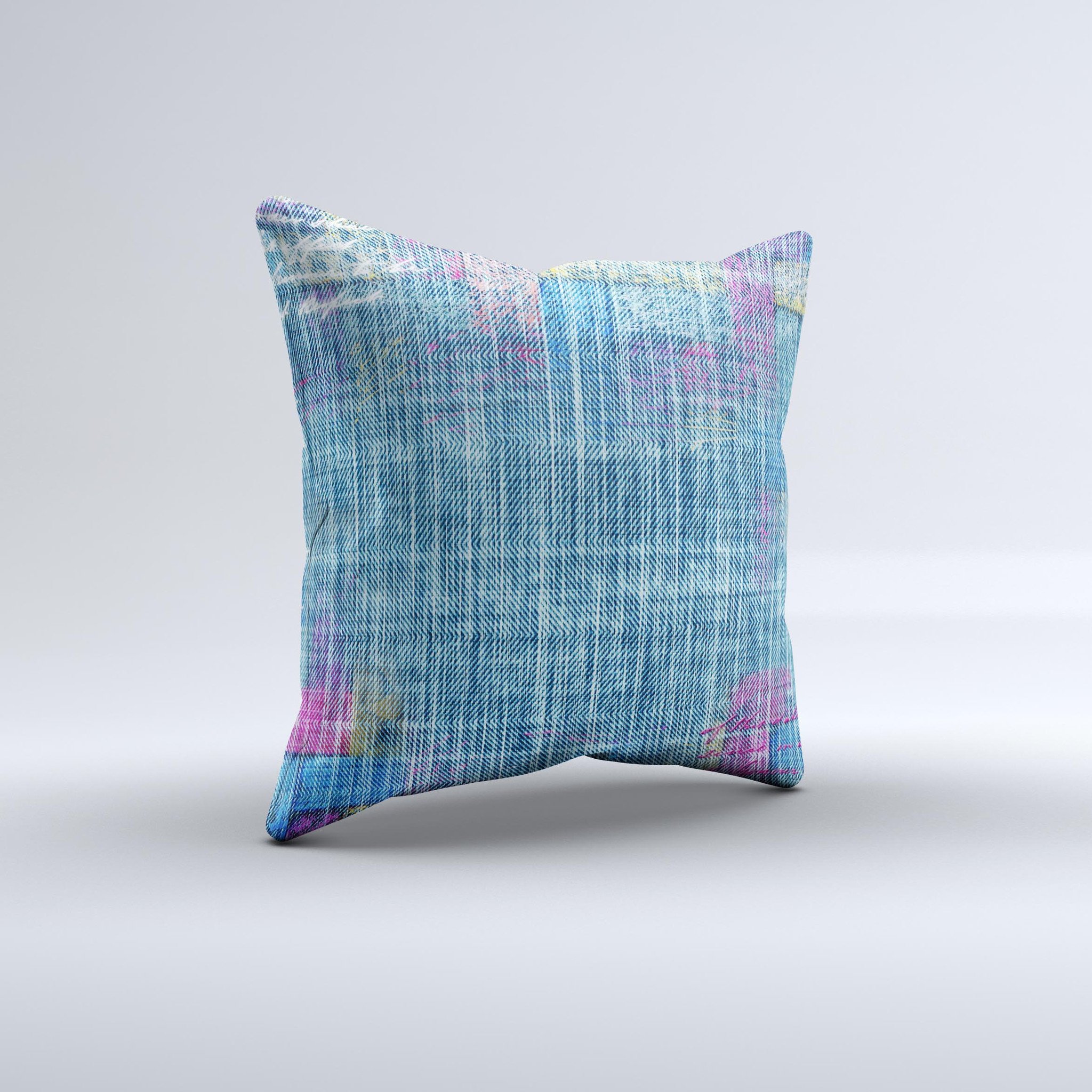 A handcrafted Sketched Blue Word Surface Ink-Fuzed Decorative Throw Pillow featuring a unique design, high thread count fabric, and plush polyester filling.