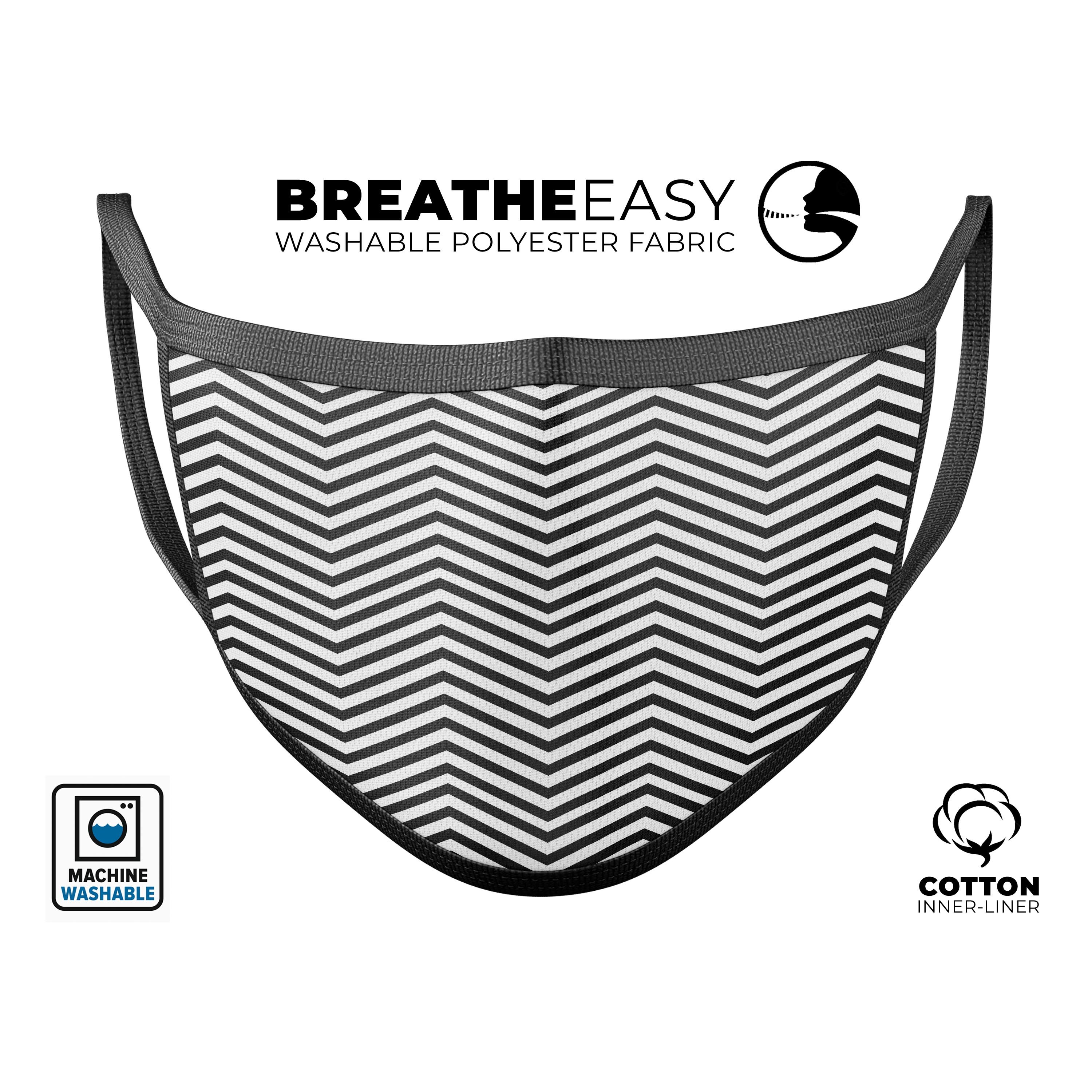 Slate Black Chevron Mouth Cover with Translucent Backing, showcasing adjustable ear-loops and soft cotton interior, made in the USA.