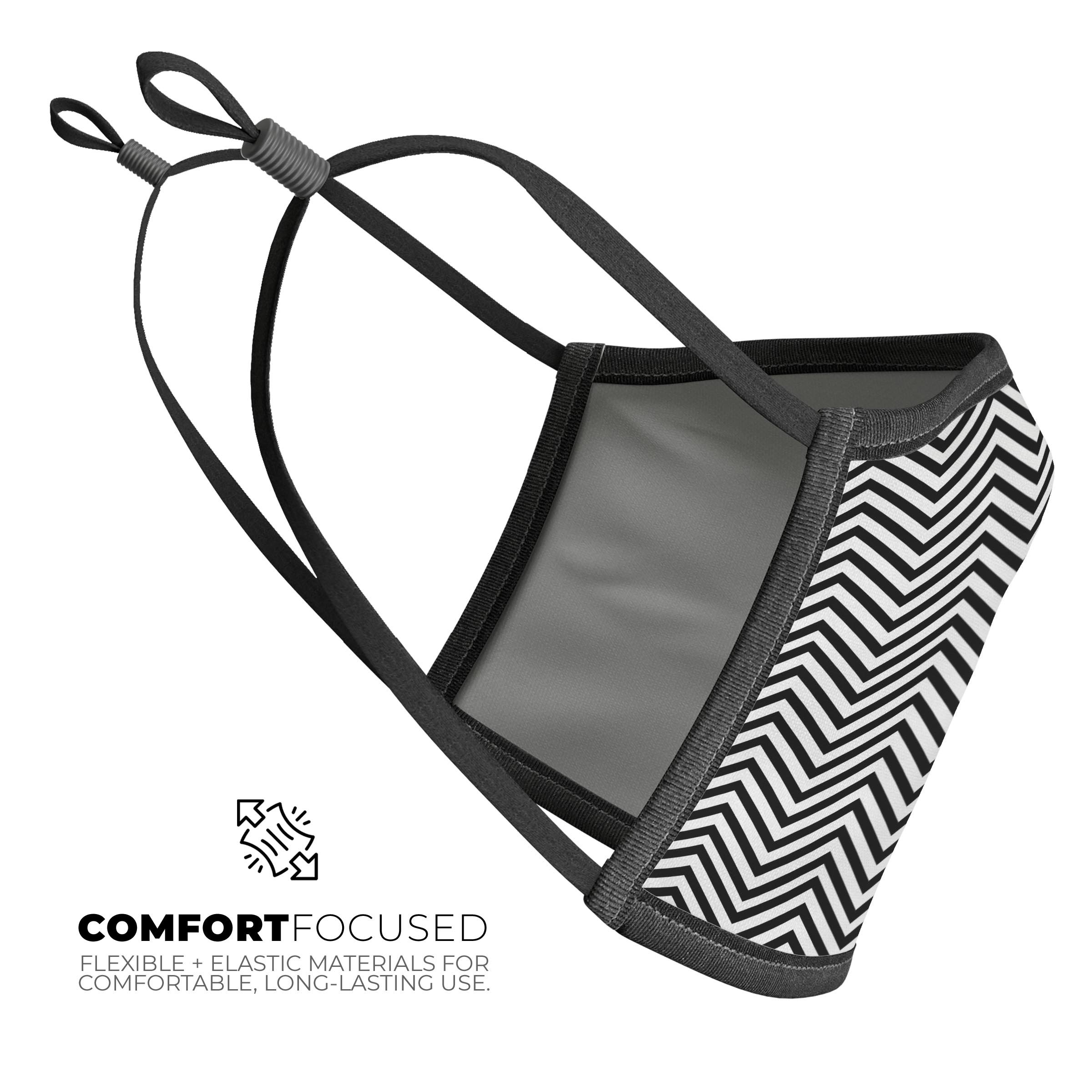 Slate Black Chevron Mouth Cover with Translucent Backing, showcasing adjustable ear-loops and soft cotton interior, made in the USA.