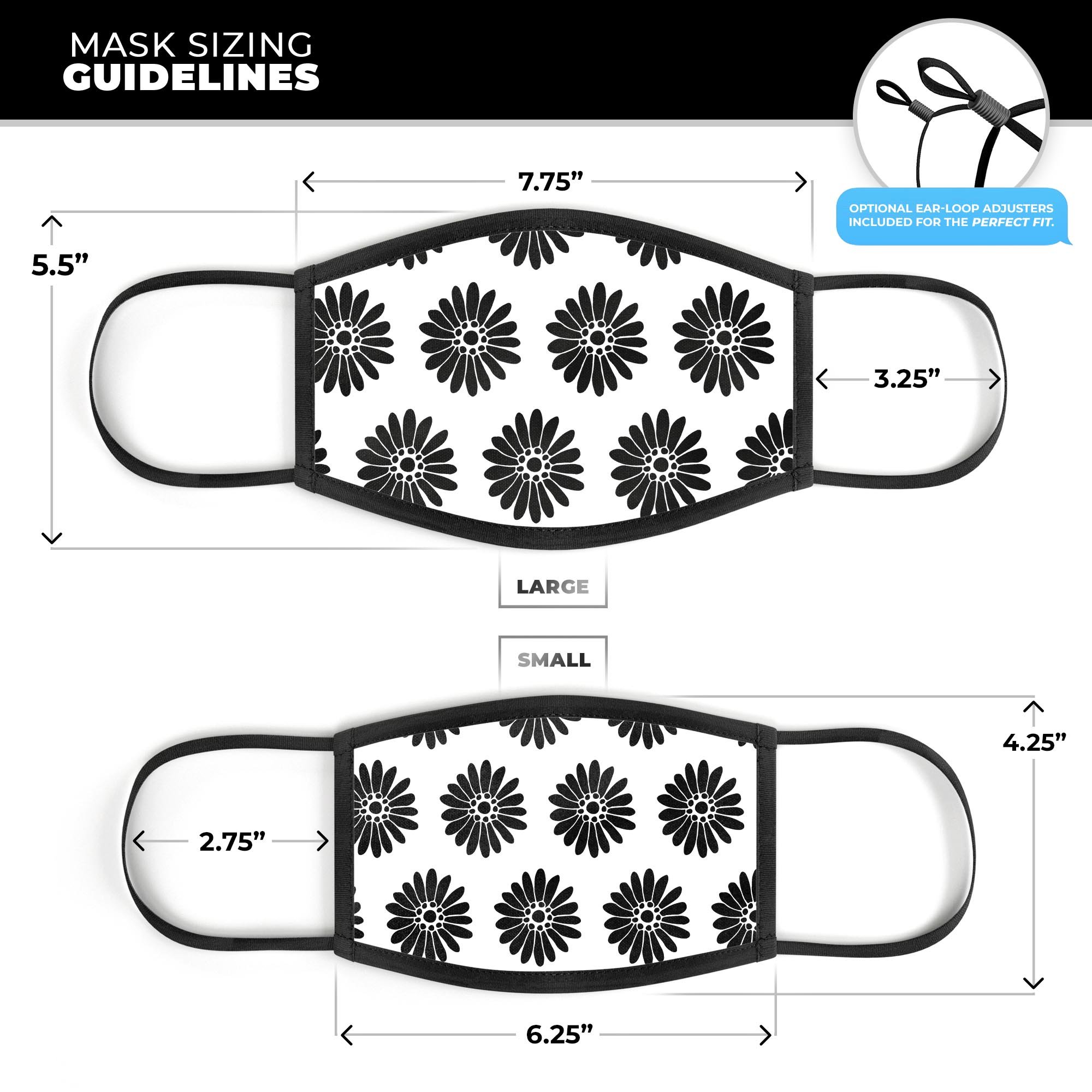 Slate Black Daisy's Mouth Cover with Translucent Backing, showcasing a stylish floral design and adjustable ear-loops.