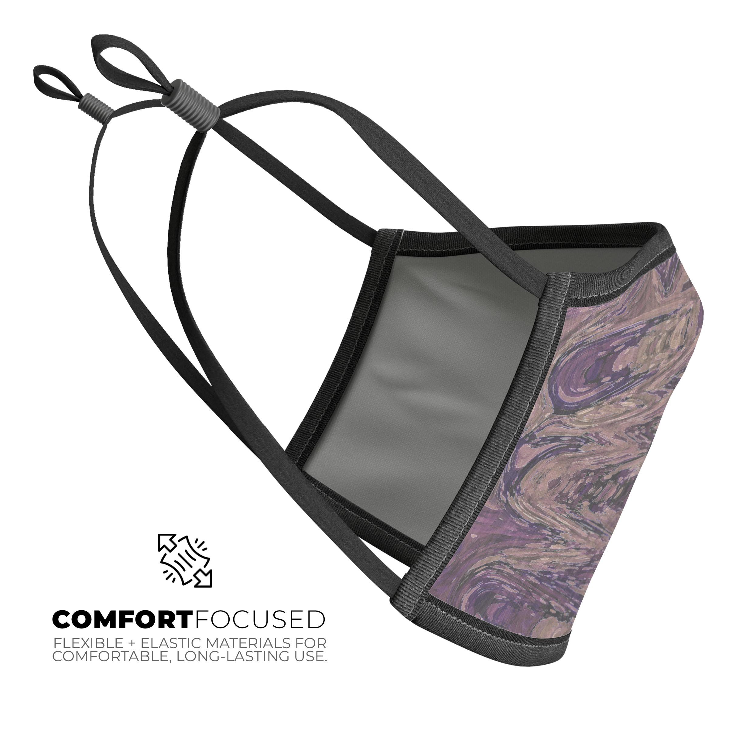 Slate Marble Surface V38 mouth cover, a stylish and comfortable anti-dust mask made in the USA, featuring adjustable ear loops and a breathable cotton interior.