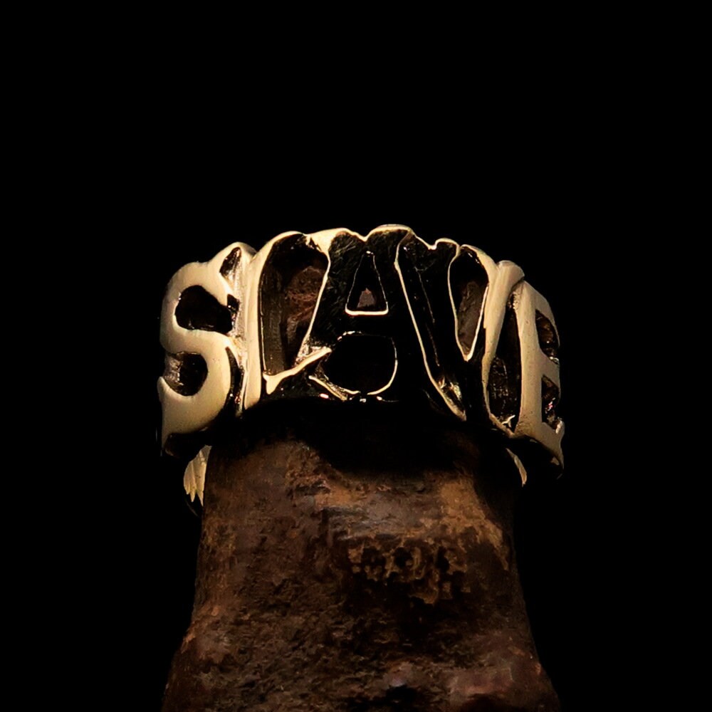 Solid brass slave ring featuring bold 'SLAVE' lettering with a mirror-polished finish, designed for a modern and stylish look.