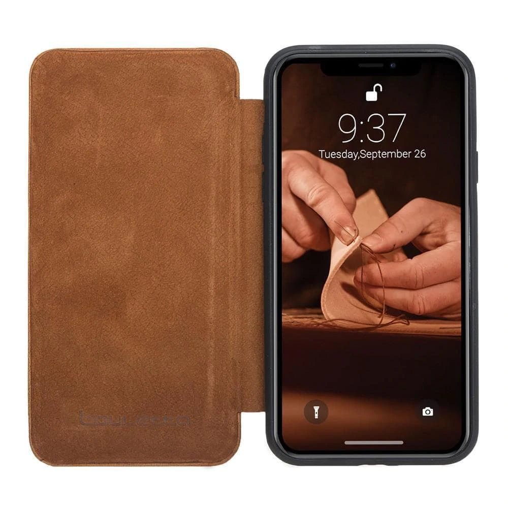 Slim Fit Book Leather Wallet Case for Apple iPhone X Series in genuine leather, featuring a kick-stand and personalization options.