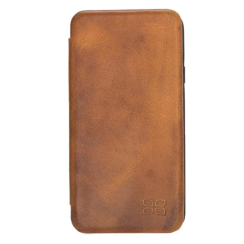 Slim Fit Book Leather Wallet Case for Apple iPhone X Series in genuine leather, featuring a kick-stand and personalization options.