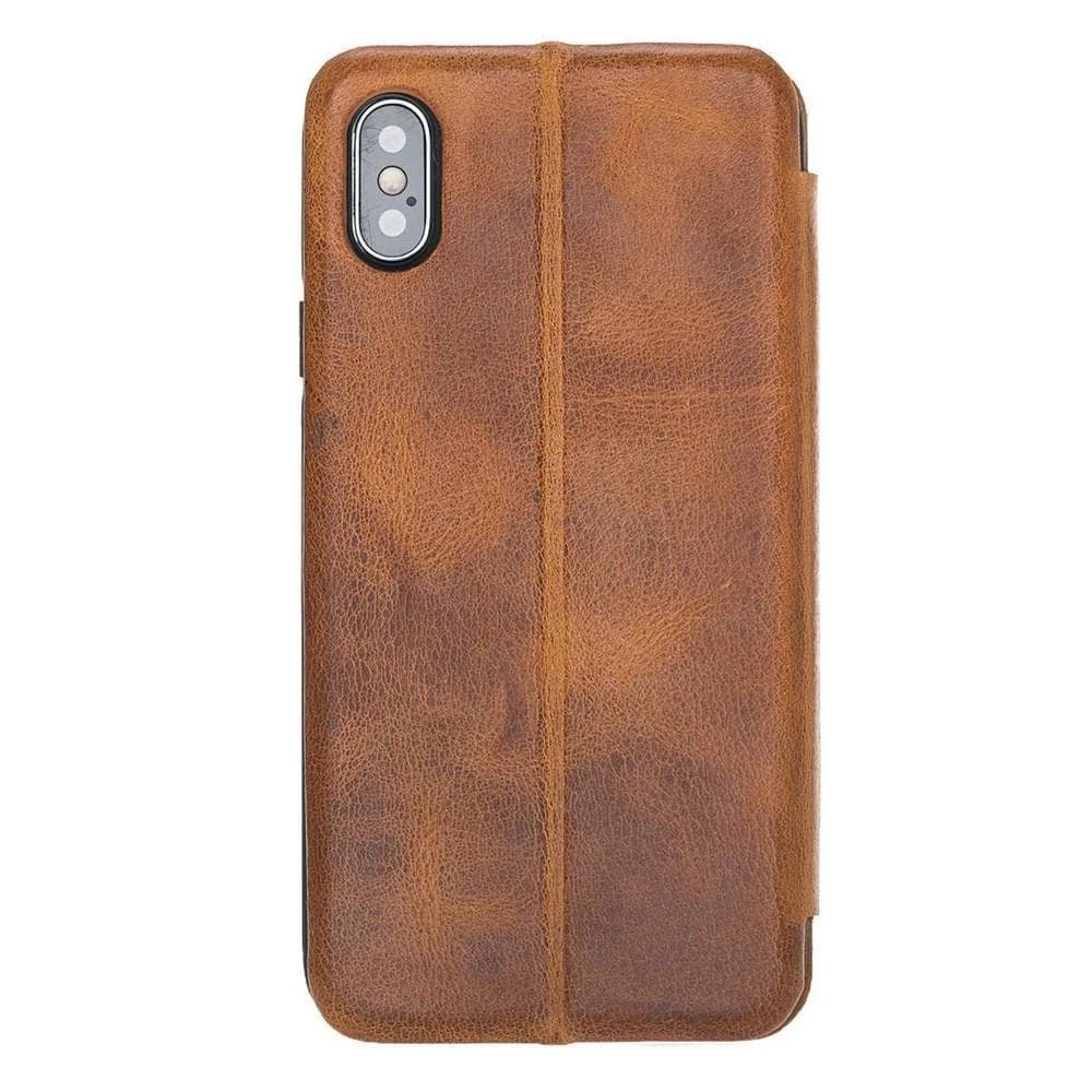 Slim Fit Book Leather Wallet Case for Apple iPhone X Series in genuine leather, featuring a kick-stand and personalization options.