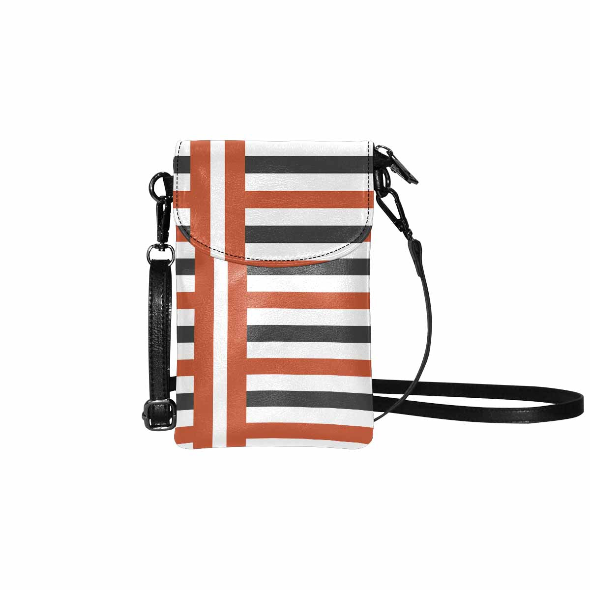 Small cell phone purse featuring a stylish brown and grey striped print, made from high-grade PU leather with adjustable strap.