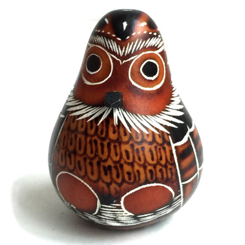 A beautifully hand-carved Small Owl Gourd from Peru, showcasing intricate designs and a charming owl figure, perfect for home decor.