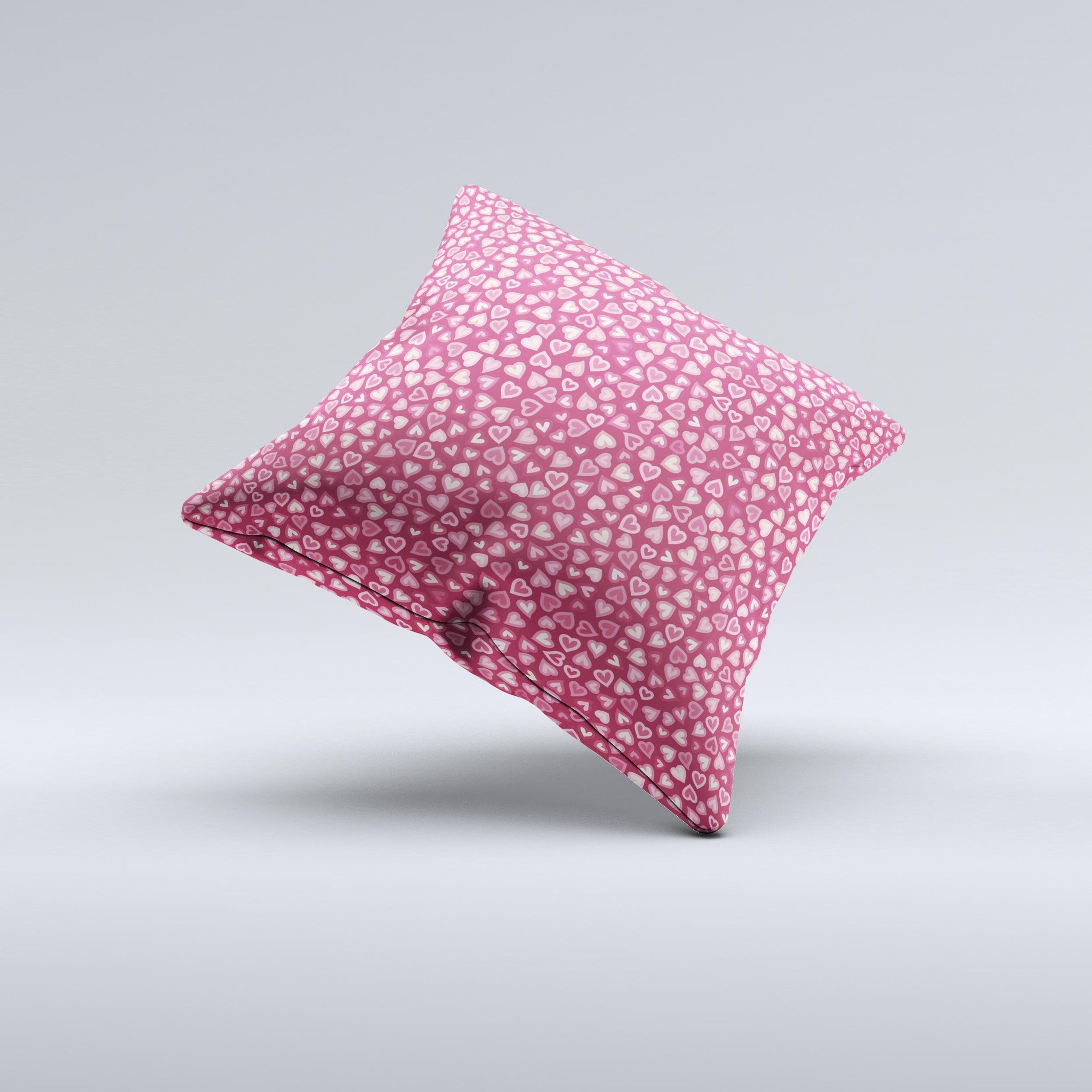 Small pink hearts collage decorative throw pillow, handmade in Virginia with high thread count fabric and plush filling.