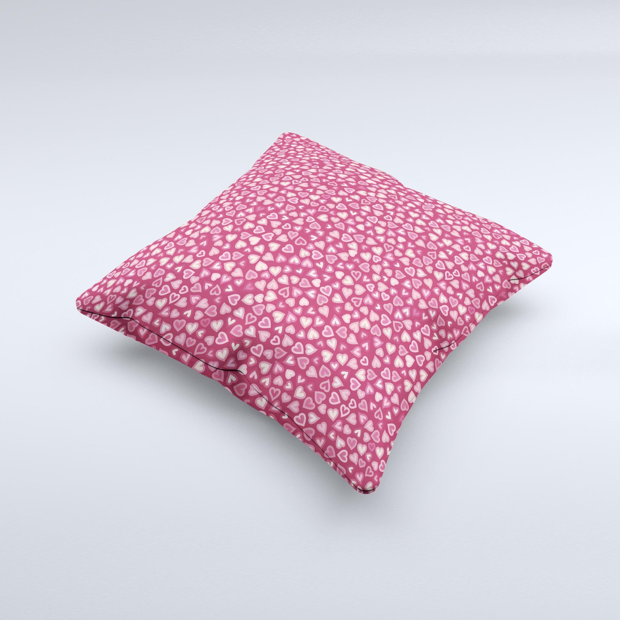 Small pink hearts collage decorative throw pillow, handmade in Virginia with high thread count fabric and plush filling.