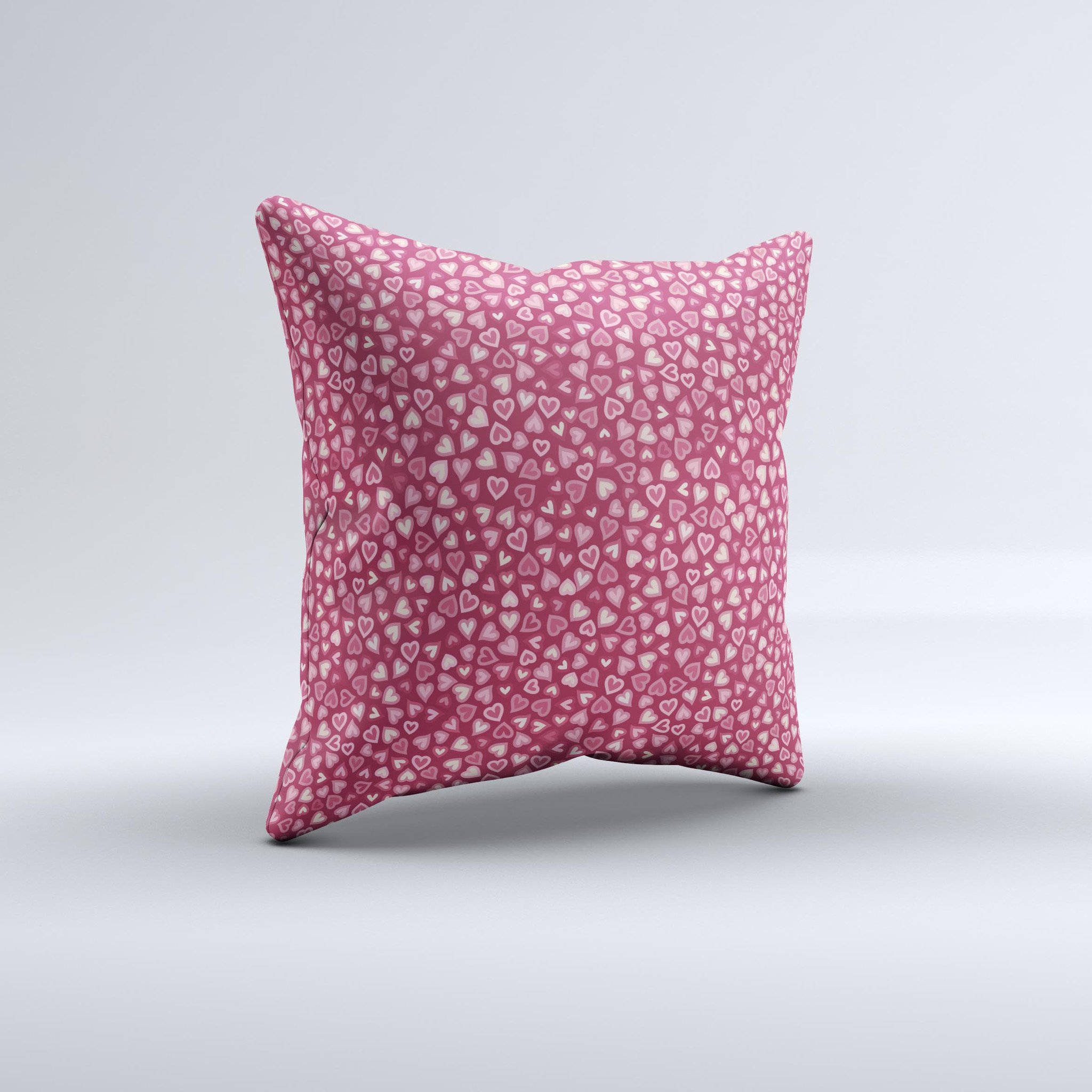 Small pink hearts collage decorative throw pillow, handmade in Virginia with high thread count fabric and plush filling.