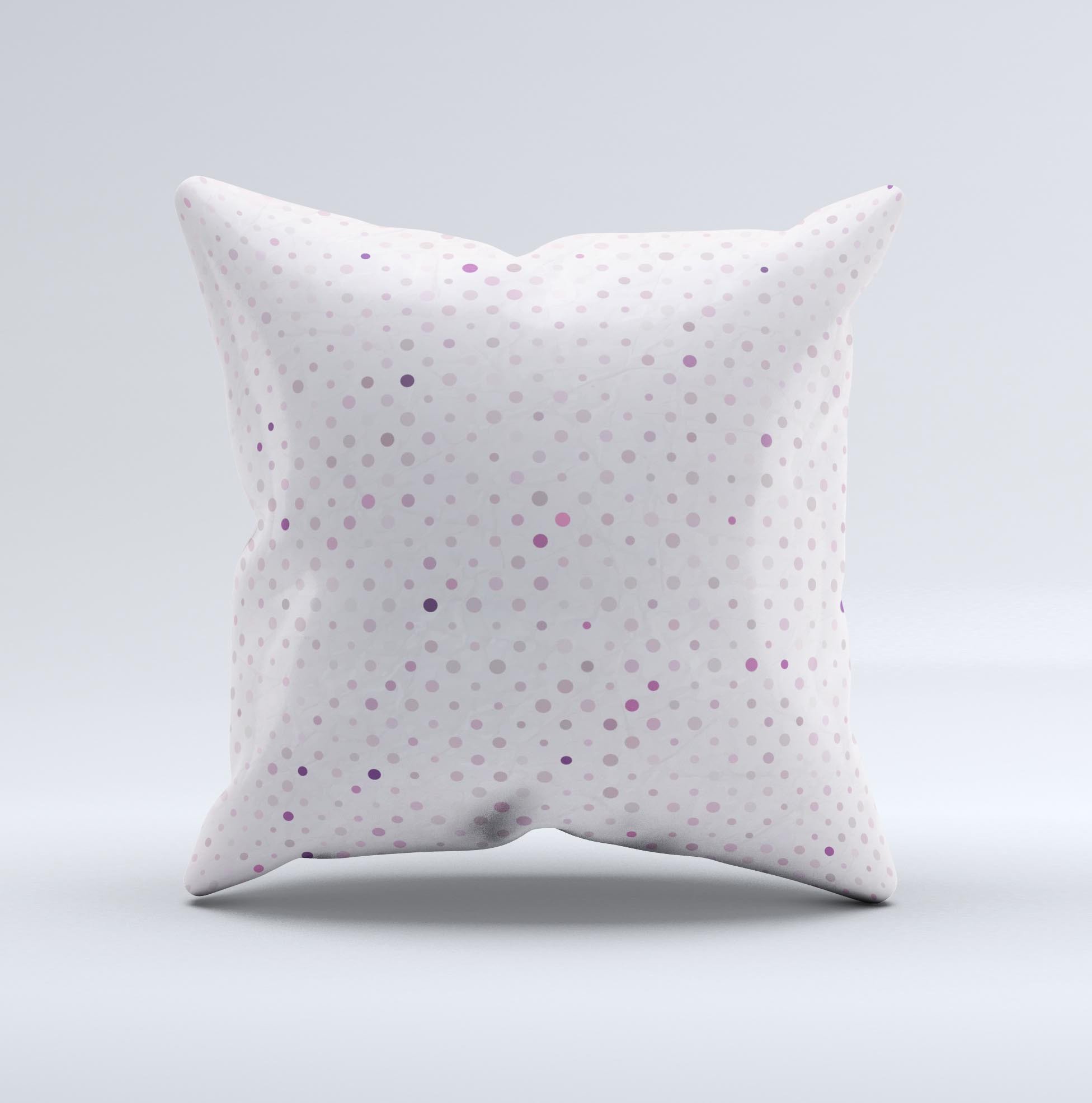 Small pink decorative throw pillow with polkadots, handcrafted in Virginia, featuring high thread count fabric and non-allergenic filling.