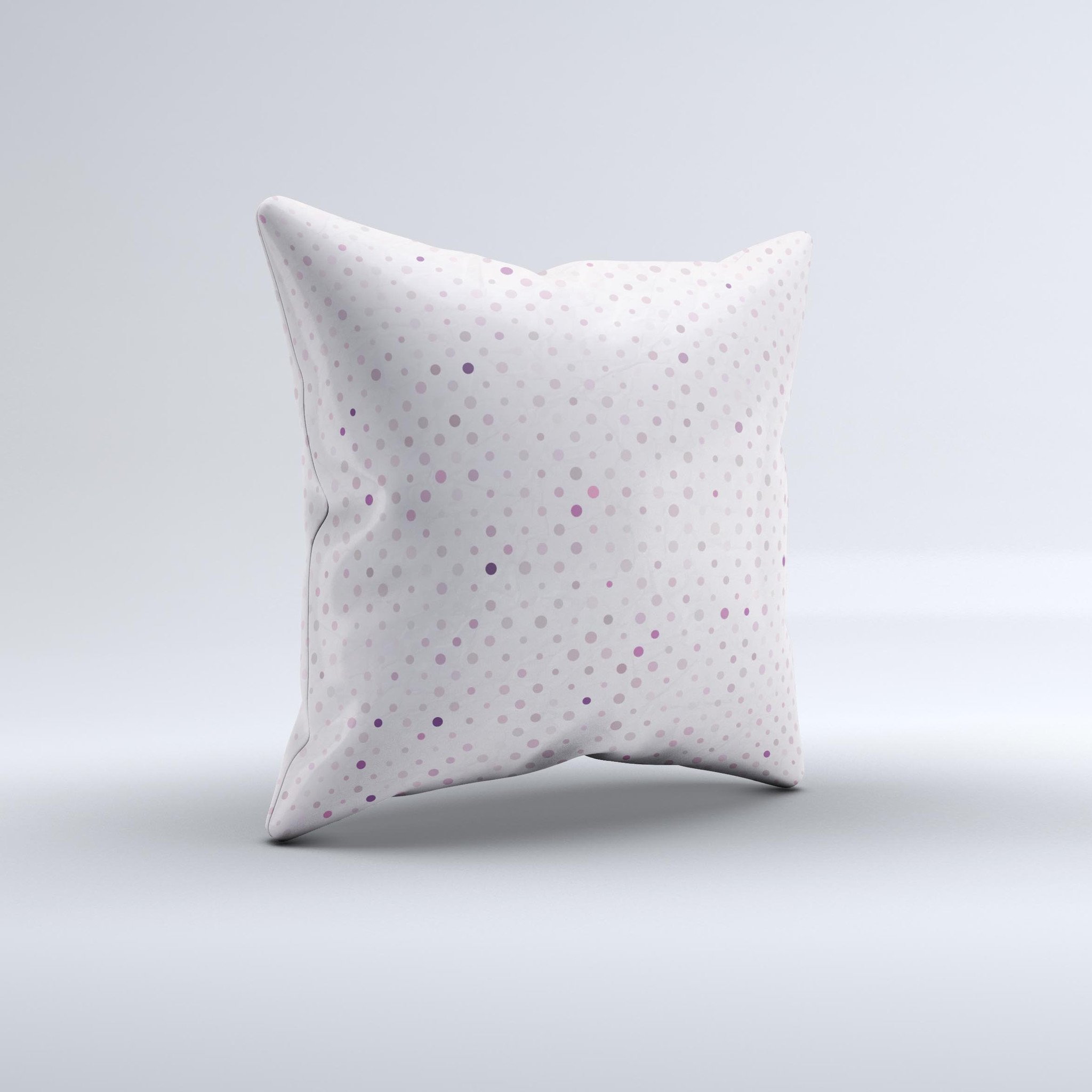 Small pink decorative throw pillow with polkadots, handcrafted in Virginia, featuring high thread count fabric and non-allergenic filling.