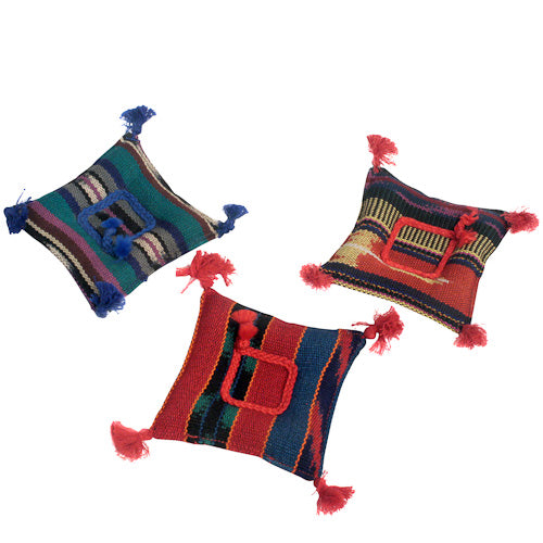 Small Woven Square Trivet handcrafted with colorful Guatemalan fabric, filled with aromatic spices, perfect for protecting surfaces from hot dishes.