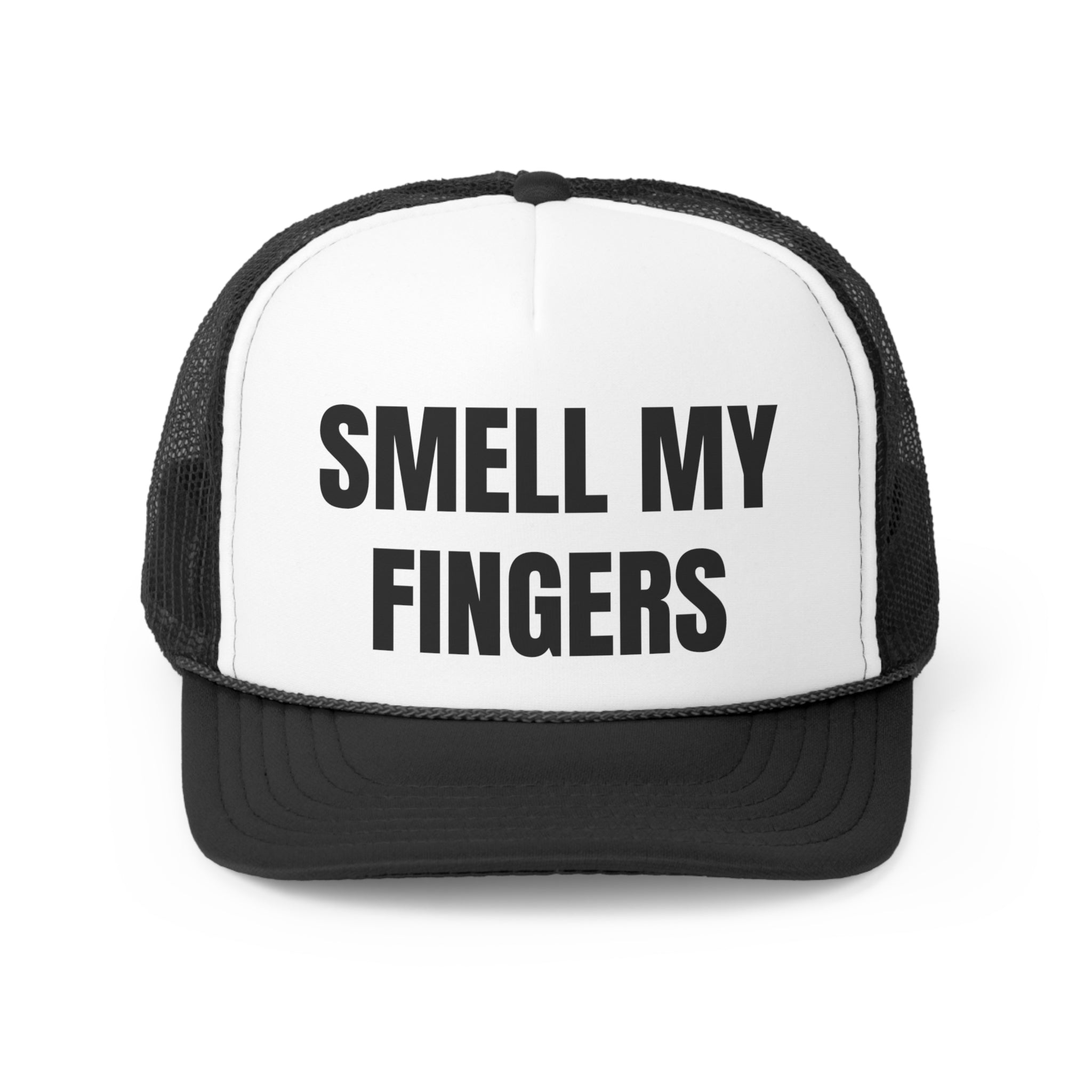 Smell My Fingers Funny Trucker Hat featuring a humorous design with a comfortable fit and adjustable snap closure.