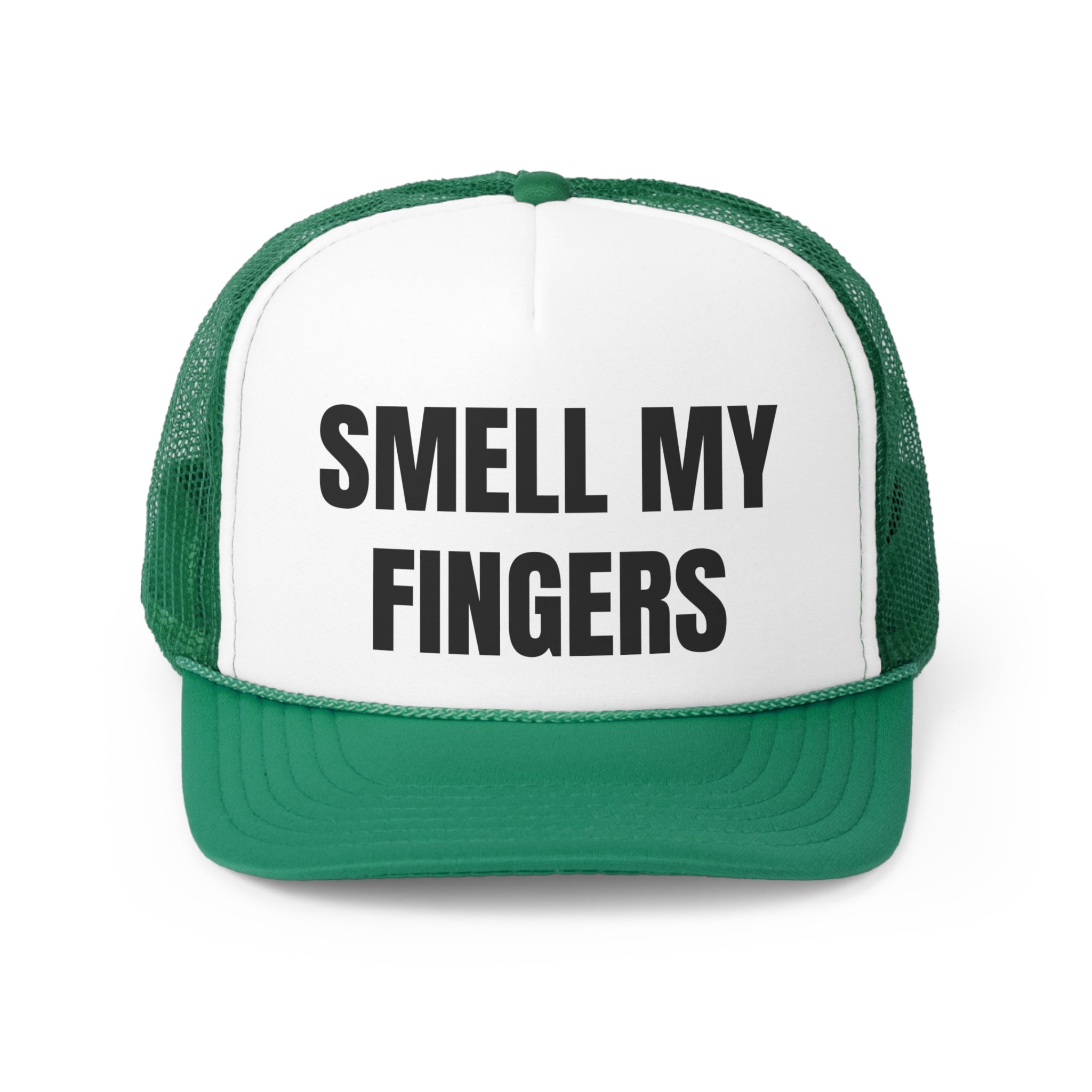 Smell My Fingers Funny Trucker Hat featuring a humorous design with a comfortable fit and adjustable snap closure.