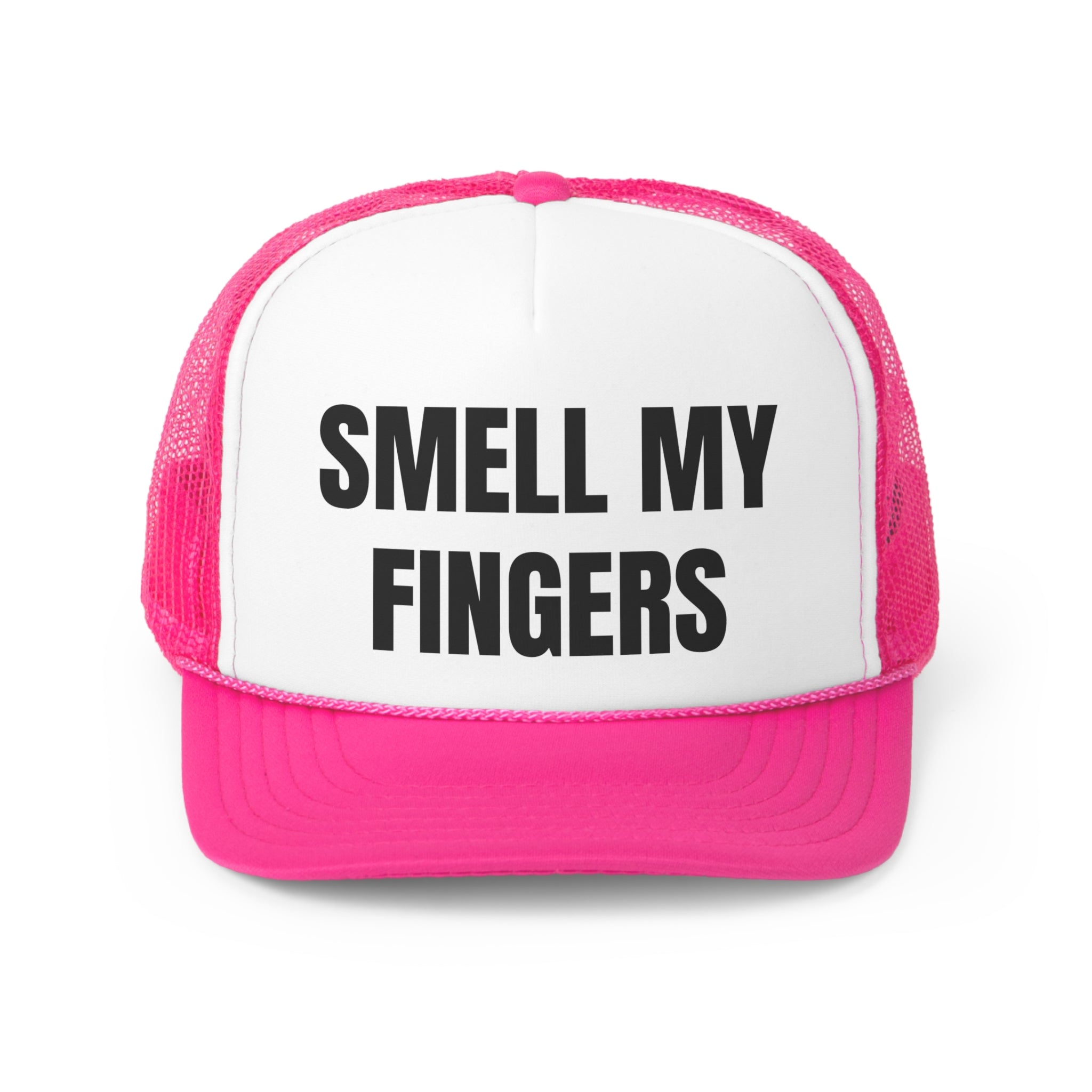 Smell My Fingers Funny Trucker Hat featuring a humorous design with a comfortable fit and adjustable snap closure.