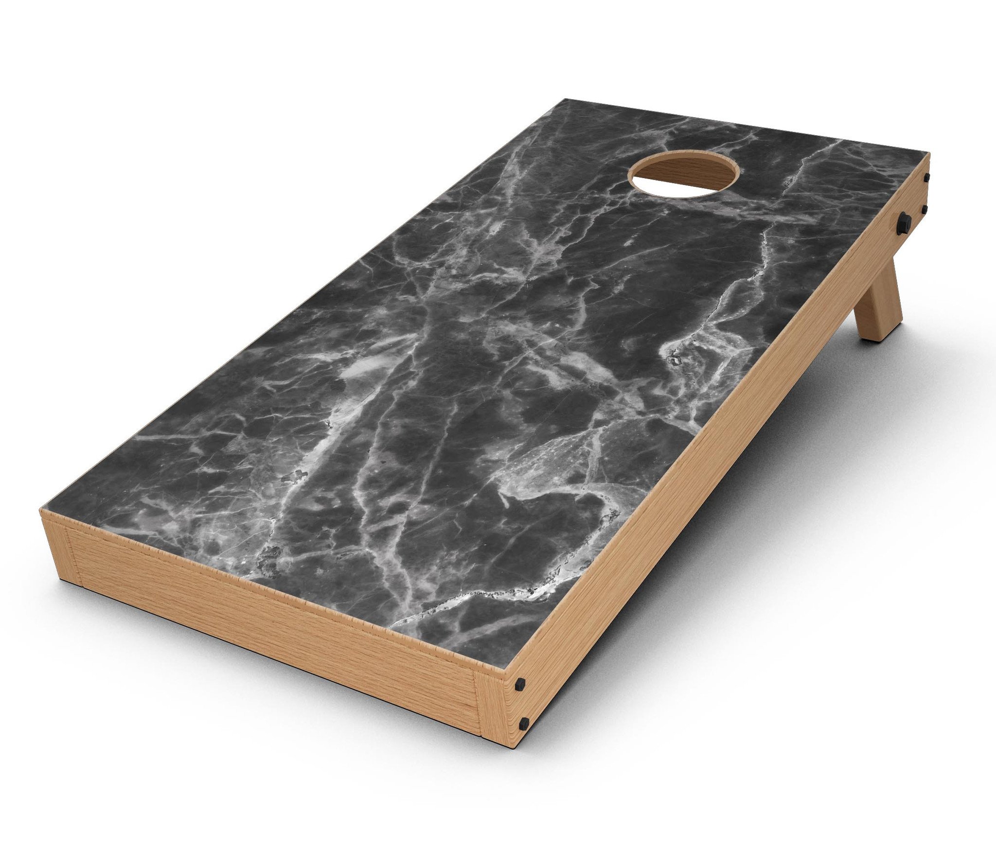 Smooth Black Marble Cornhole Board Skin Decal Kit showcasing a sleek black marble design, perfect for enhancing Cornhole boards.