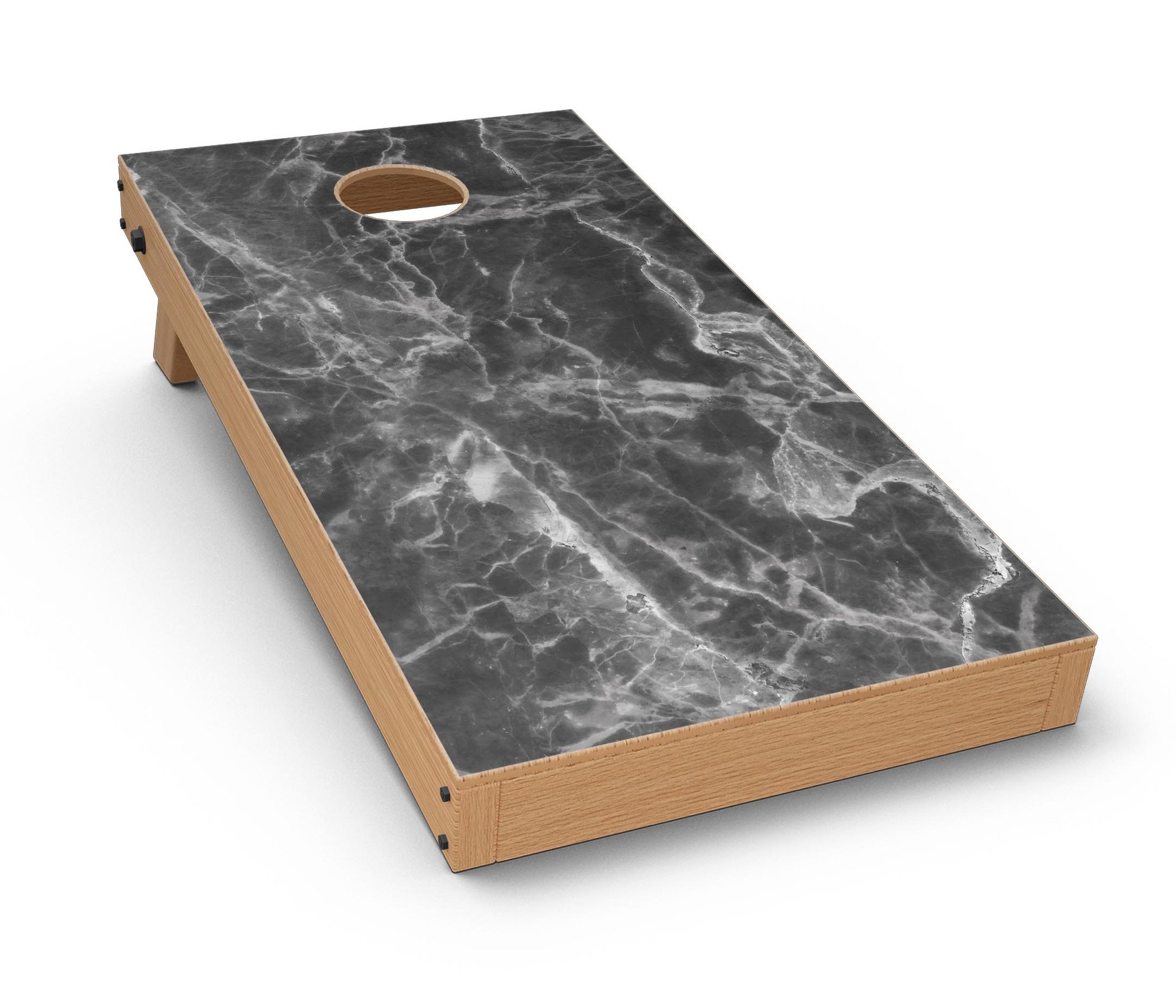 Smooth Black Marble Cornhole Board Skin Decal Kit showcasing a sleek black marble design, perfect for enhancing Cornhole boards.