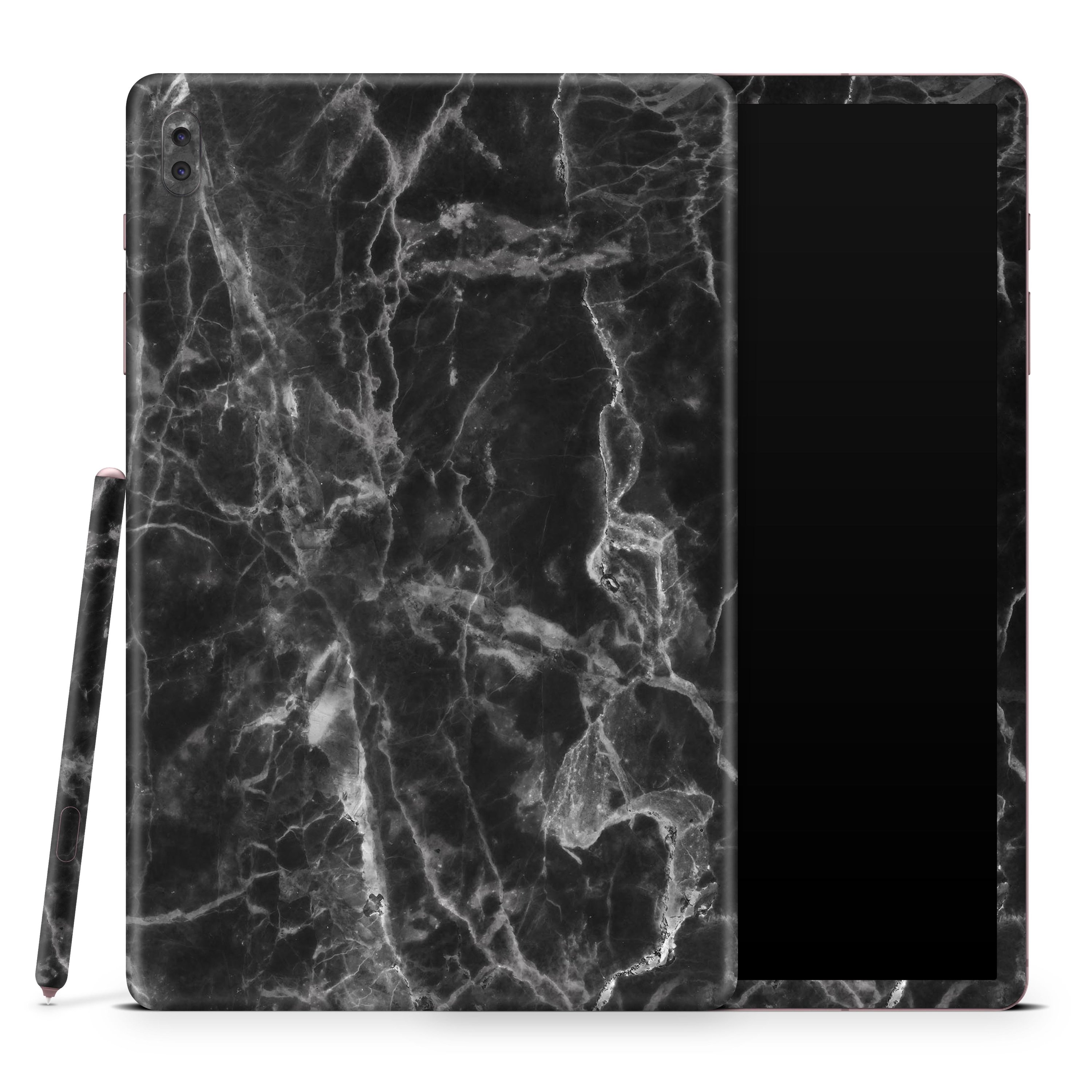 Smooth Black Marble Skin Decal Wrap Kit for Samsung Galaxy tablet, showcasing a sleek design and matte finish.