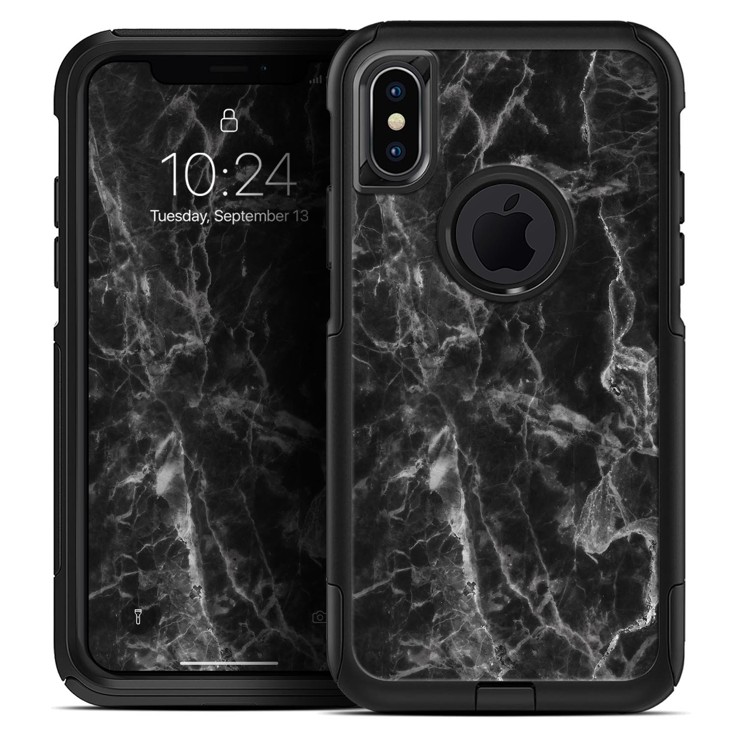 Smooth Black Marble Skin Kit for iPhone OtterBox Cases, showcasing a sleek marble design with dual-layer protection.