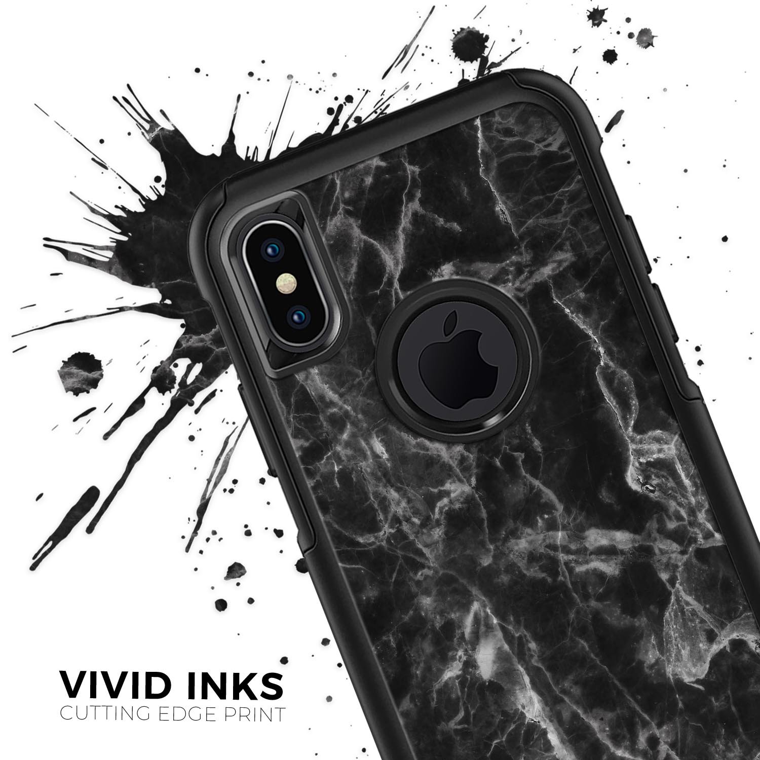 Smooth Black Marble Skin Kit for iPhone OtterBox Cases, showcasing a sleek marble design with dual-layer protection.