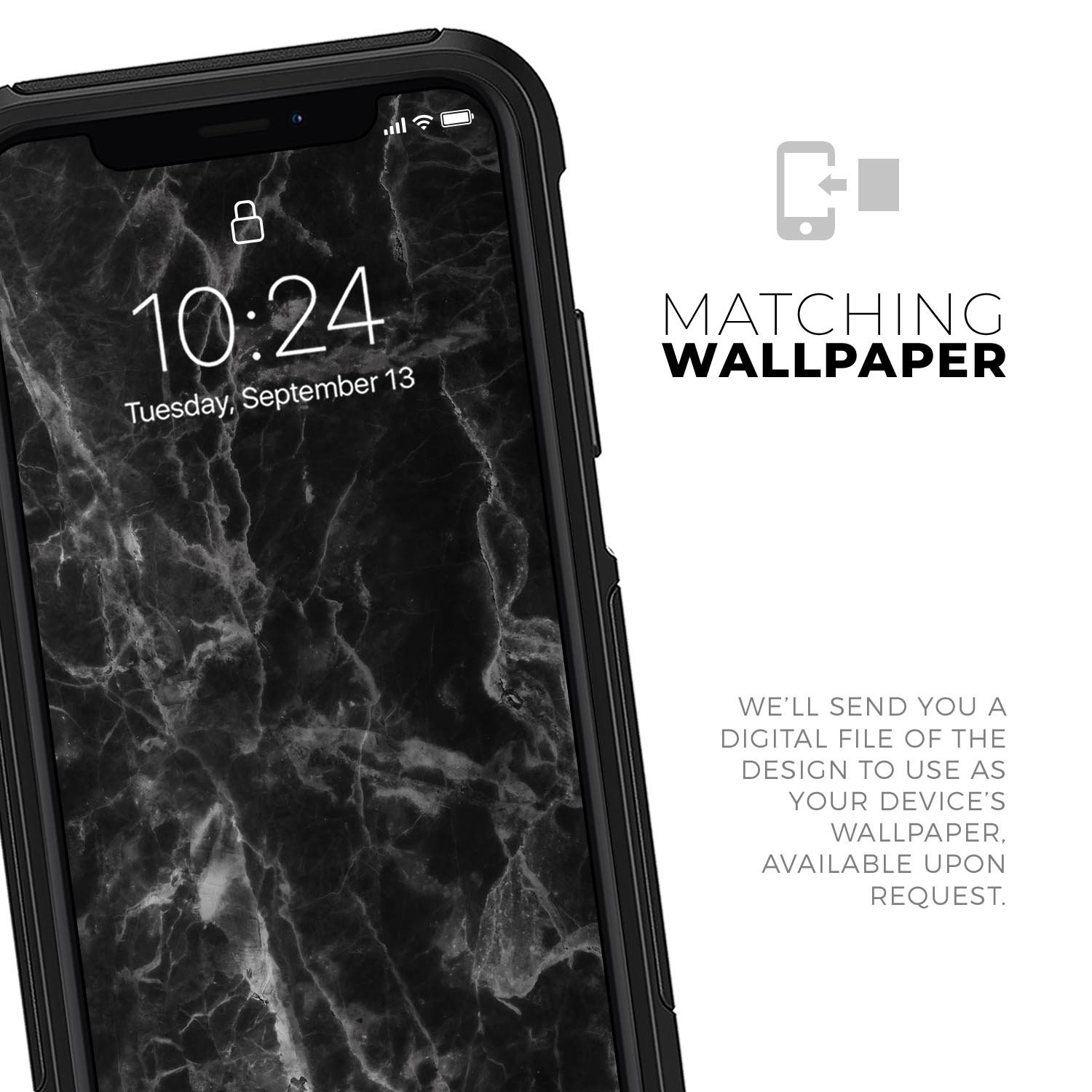 Smooth Black Marble Skin Kit for iPhone OtterBox Cases, showcasing a sleek marble design with dual-layer protection.