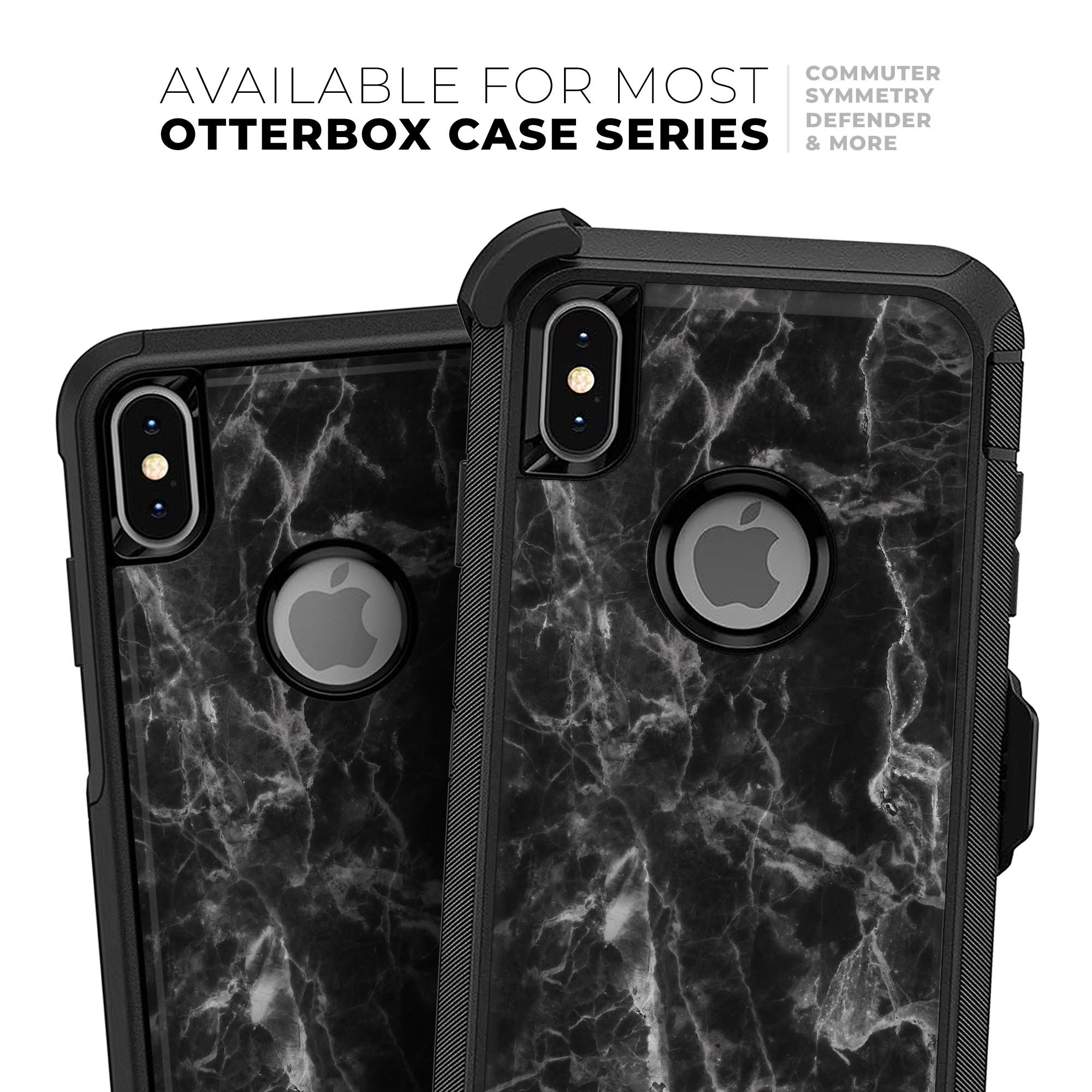 Smooth Black Marble Skin Kit for iPhone OtterBox Cases, showcasing a sleek marble design with dual-layer protection.