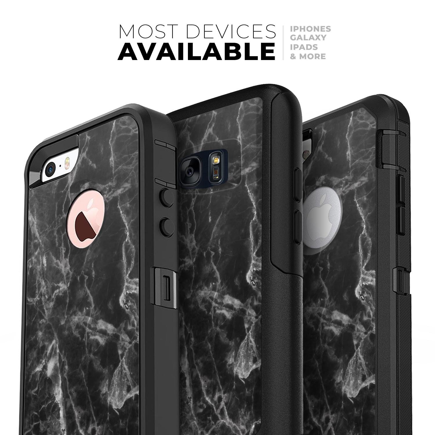 Smooth Black Marble Skin Kit for iPhone OtterBox Cases, showcasing a sleek marble design with dual-layer protection.