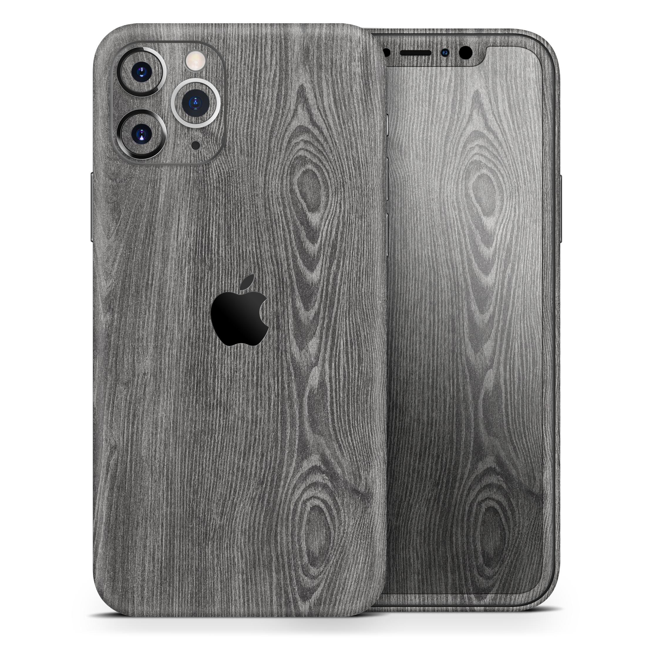 Smooth Gray Wood V2 Skin-Kit for Apple iPhone 14, showcasing a stylish wood grain design.