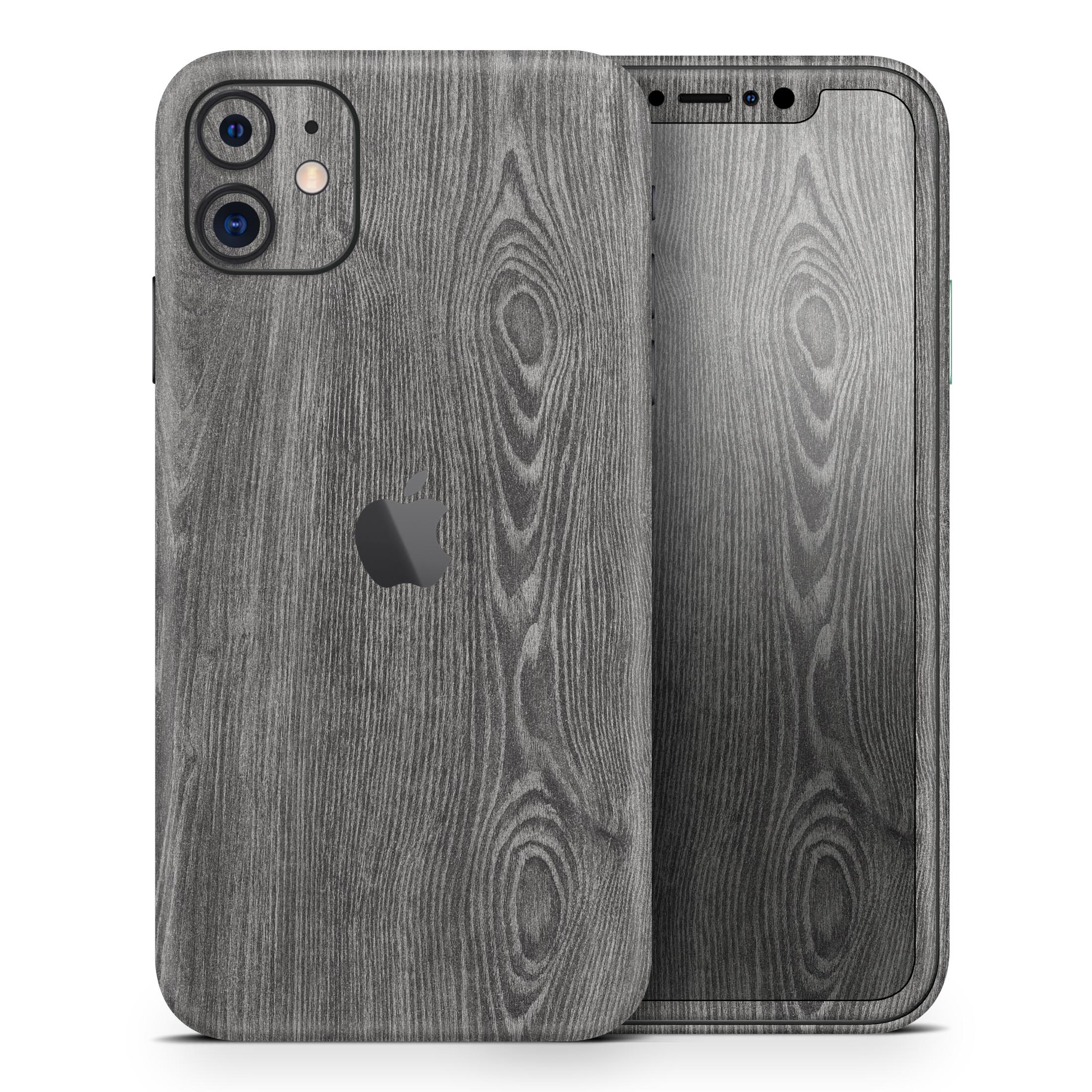 Smooth Gray Wood V2 Skin-Kit for Apple iPhone 14, showcasing a stylish wood grain design.