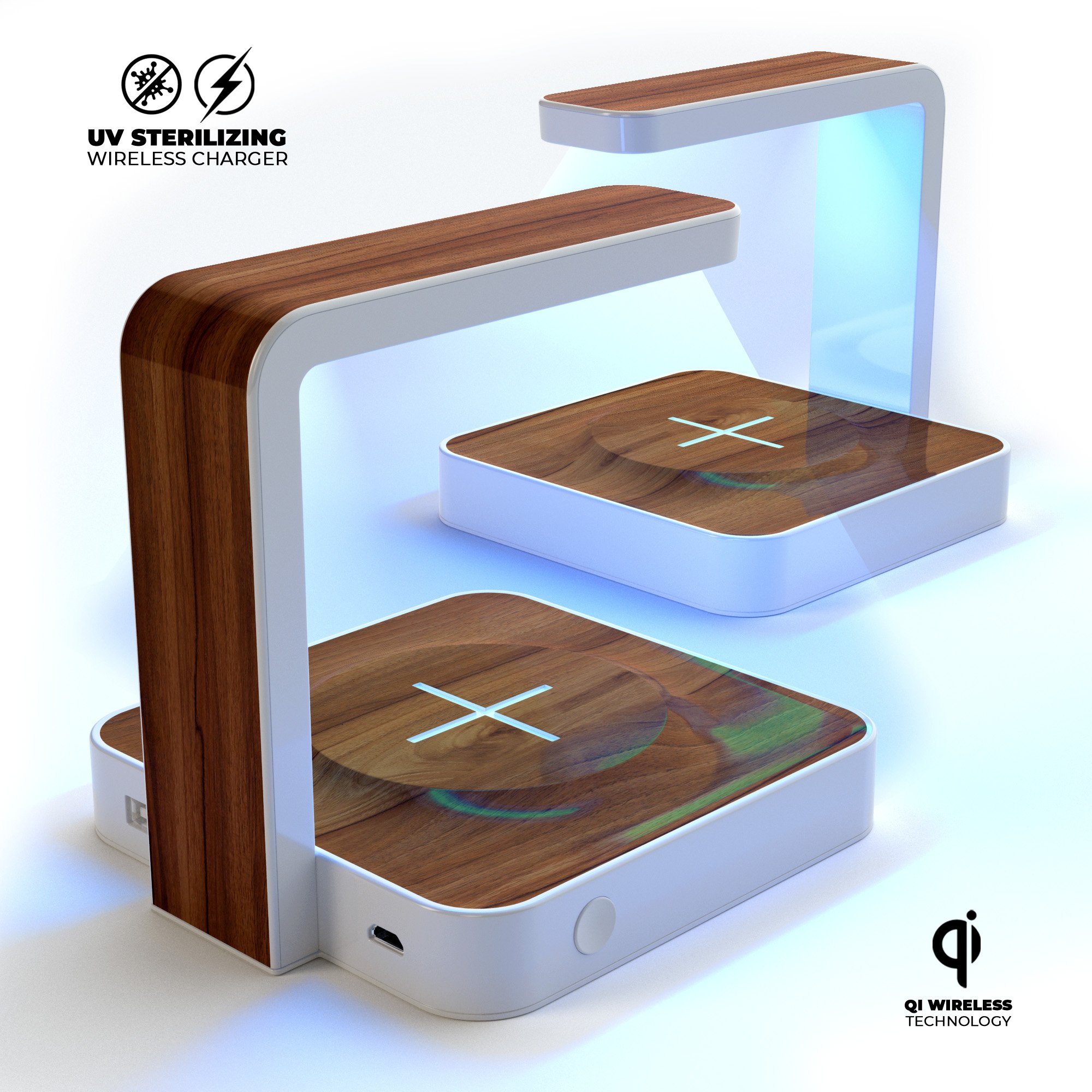 Smooth-Grained Wooden Plank UV Germicidal Sanitizing Sterilizing charger with a sleek design, showcasing its wireless charging feature and sterilizing lamp.