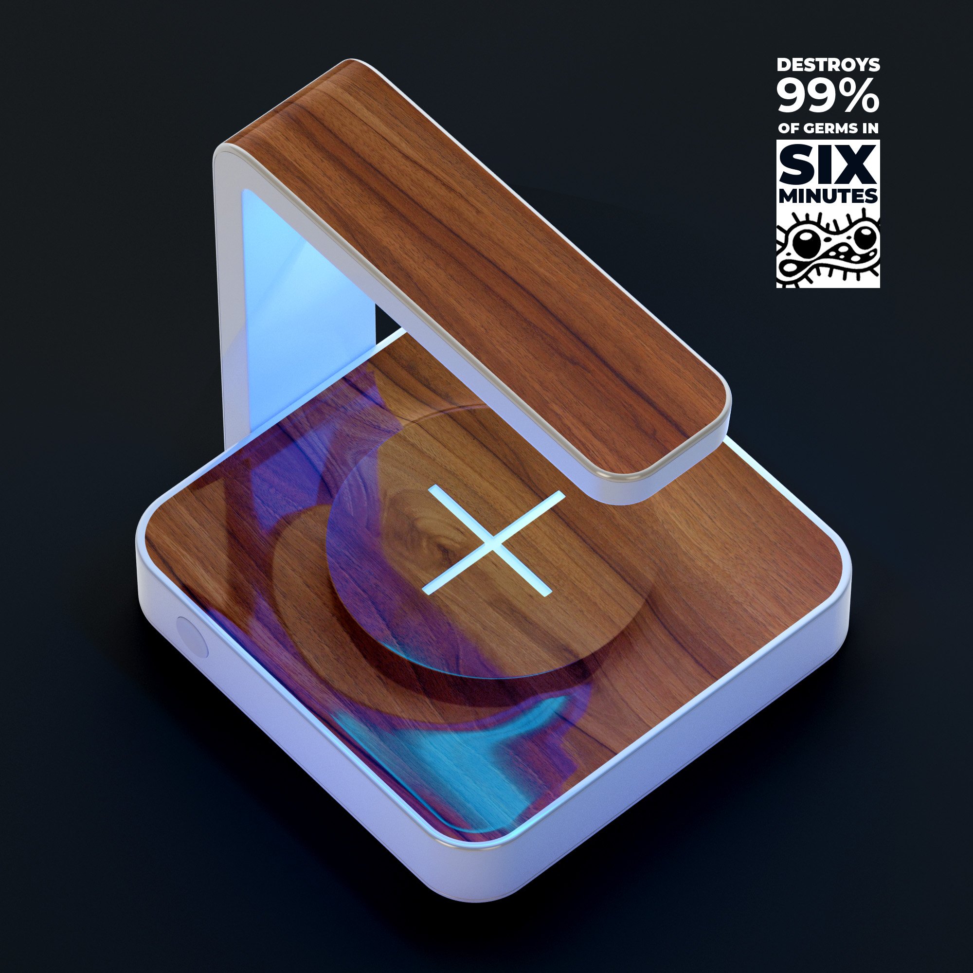 Smooth-Grained Wooden Plank UV Germicidal Sanitizing Sterilizing charger with a sleek design, showcasing its wireless charging feature and sterilizing lamp.