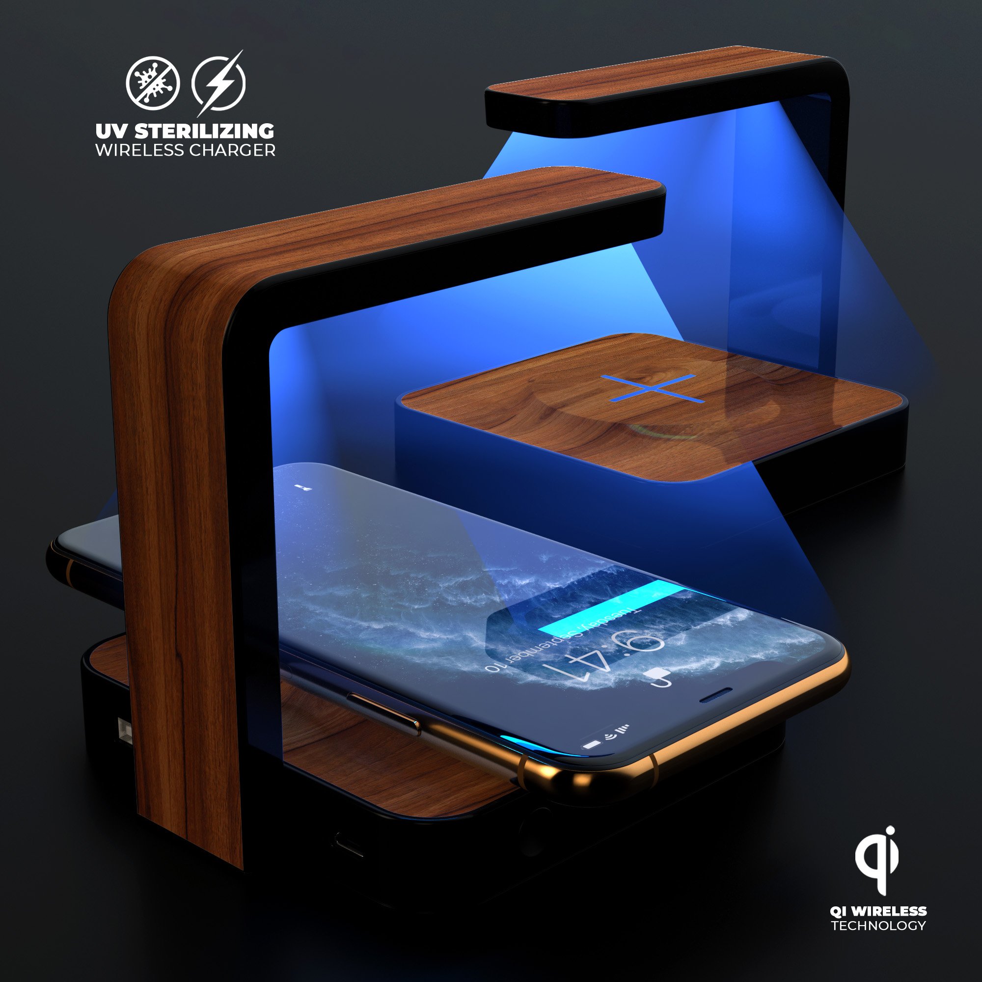 Smooth-Grained Wooden Plank UV Germicidal Sanitizing Sterilizing charger with a sleek design, showcasing its wireless charging feature and sterilizing lamp.