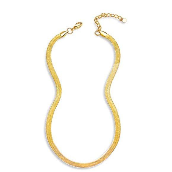 A stunning Snake Gold-Plated Herringbone Necklace featuring a sleek design and high-quality 14K gold plating over brass.