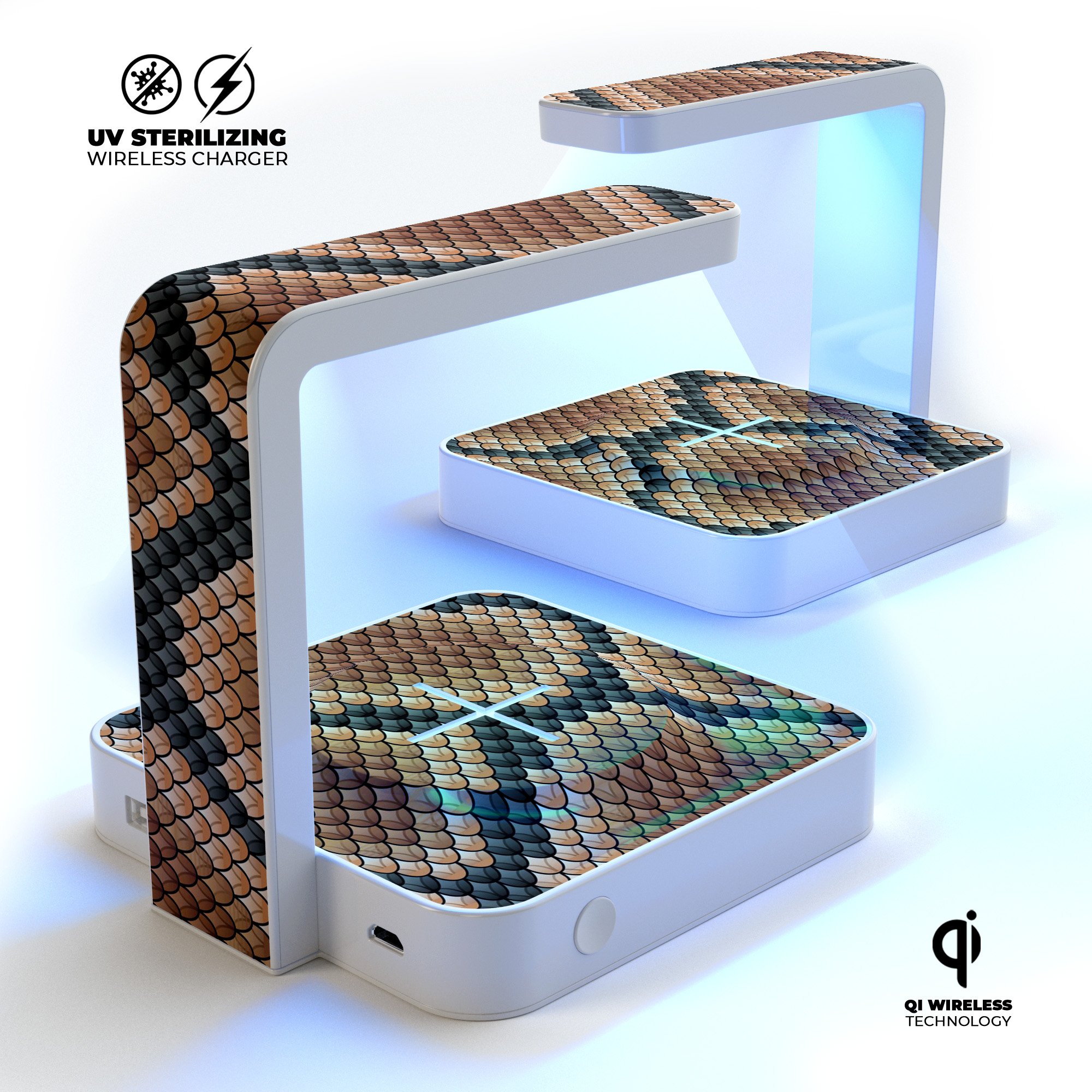 Snake Skin Pattern V1 UV Germicidal Sanitizing Wireless Charger with decorative skin, USB cable, and stylish design.