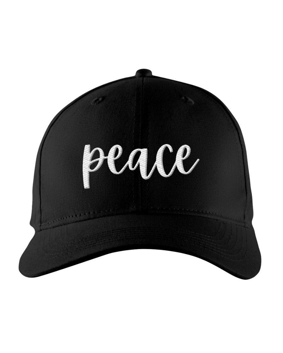 Snapback Baseball Cap featuring a peace embroidered graphic, structured six-panel design, and adjustable plastic snapback closure.