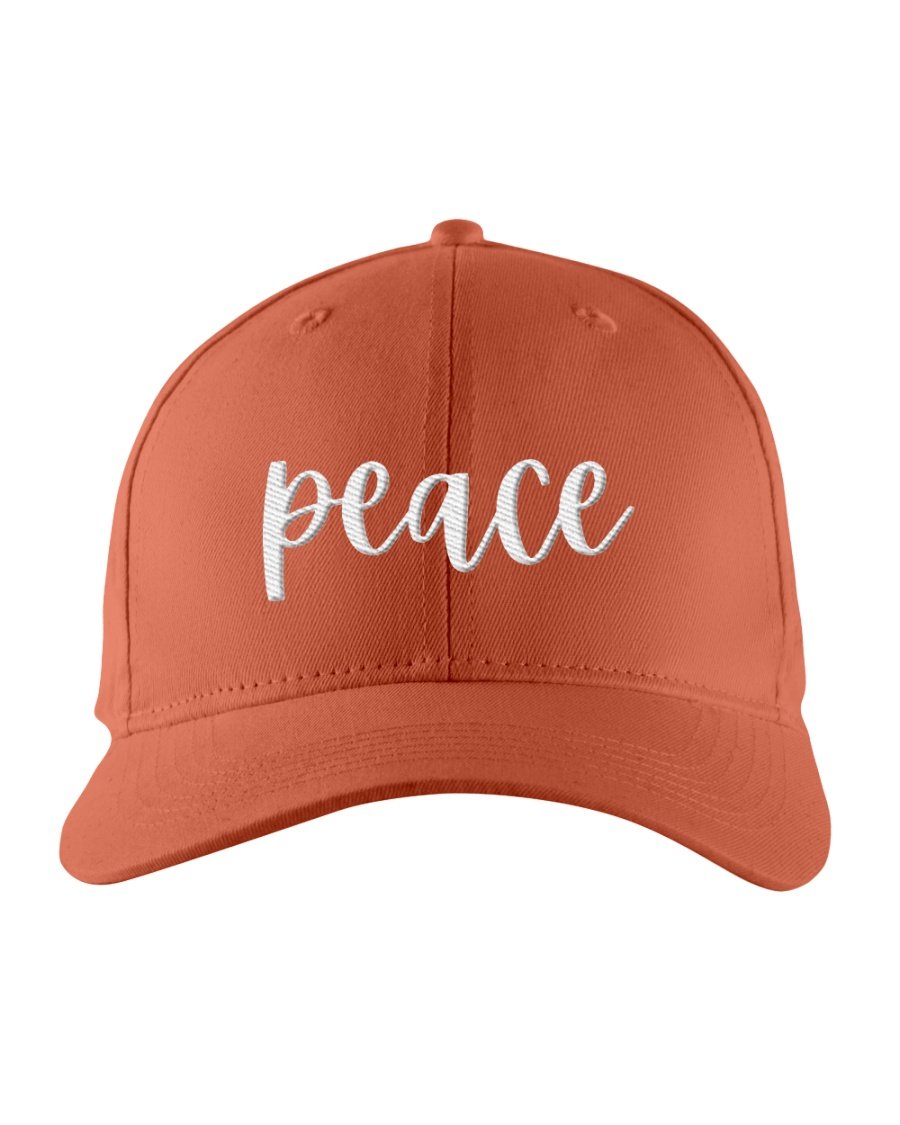 Snapback Baseball Cap featuring a peace embroidered graphic, structured six-panel design, and adjustable plastic snapback closure.