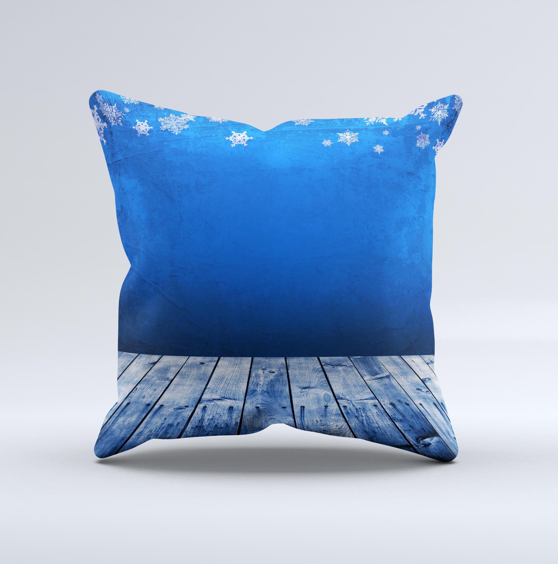 Snowy Blue Wooden Dock ink-Fuzed Decorative Throw Pillow showcasing a unique design with a high thread count fabric and plush filling.