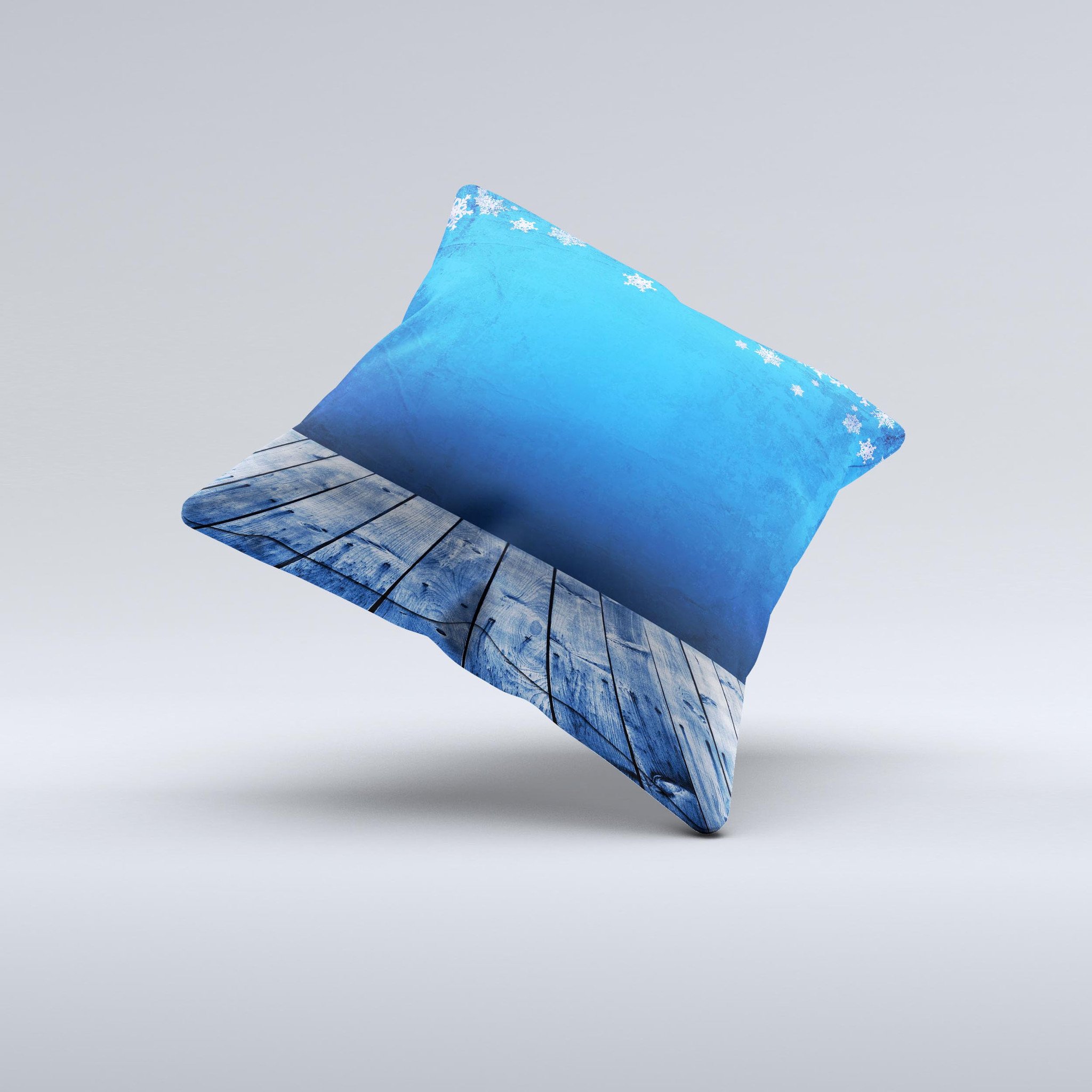 Snowy Blue Wooden Dock ink-Fuzed Decorative Throw Pillow showcasing a unique design with a high thread count fabric and plush filling.