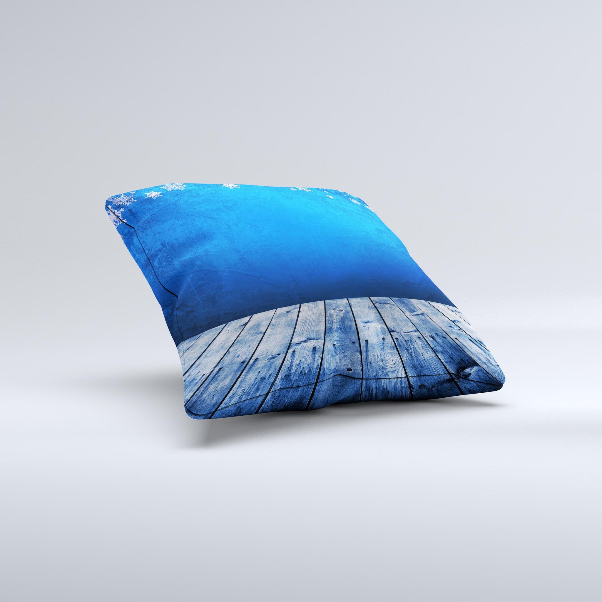 Snowy Blue Wooden Dock ink-Fuzed Decorative Throw Pillow showcasing a unique design with a high thread count fabric and plush filling.