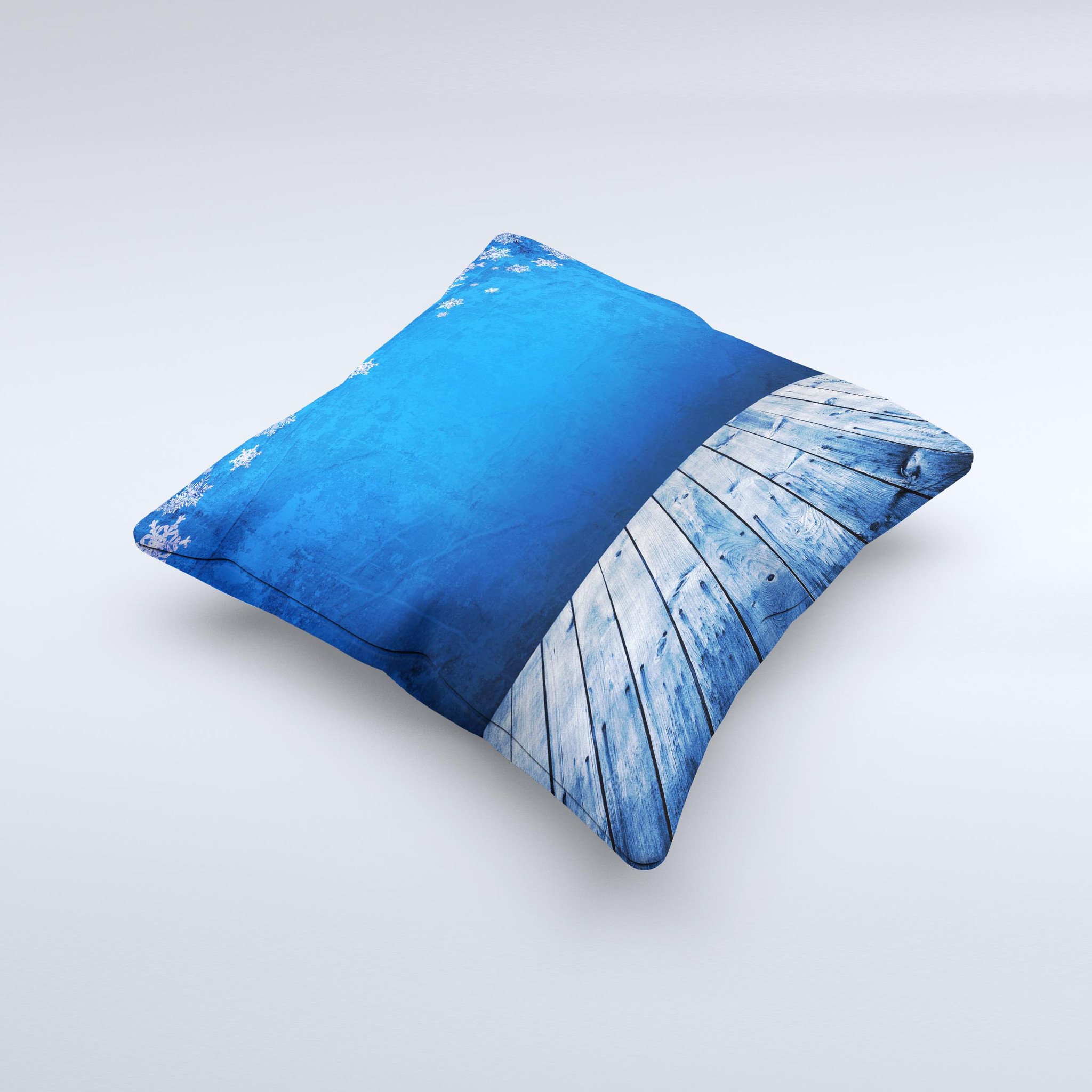 Snowy Blue Wooden Dock ink-Fuzed Decorative Throw Pillow showcasing a unique design with a high thread count fabric and plush filling.