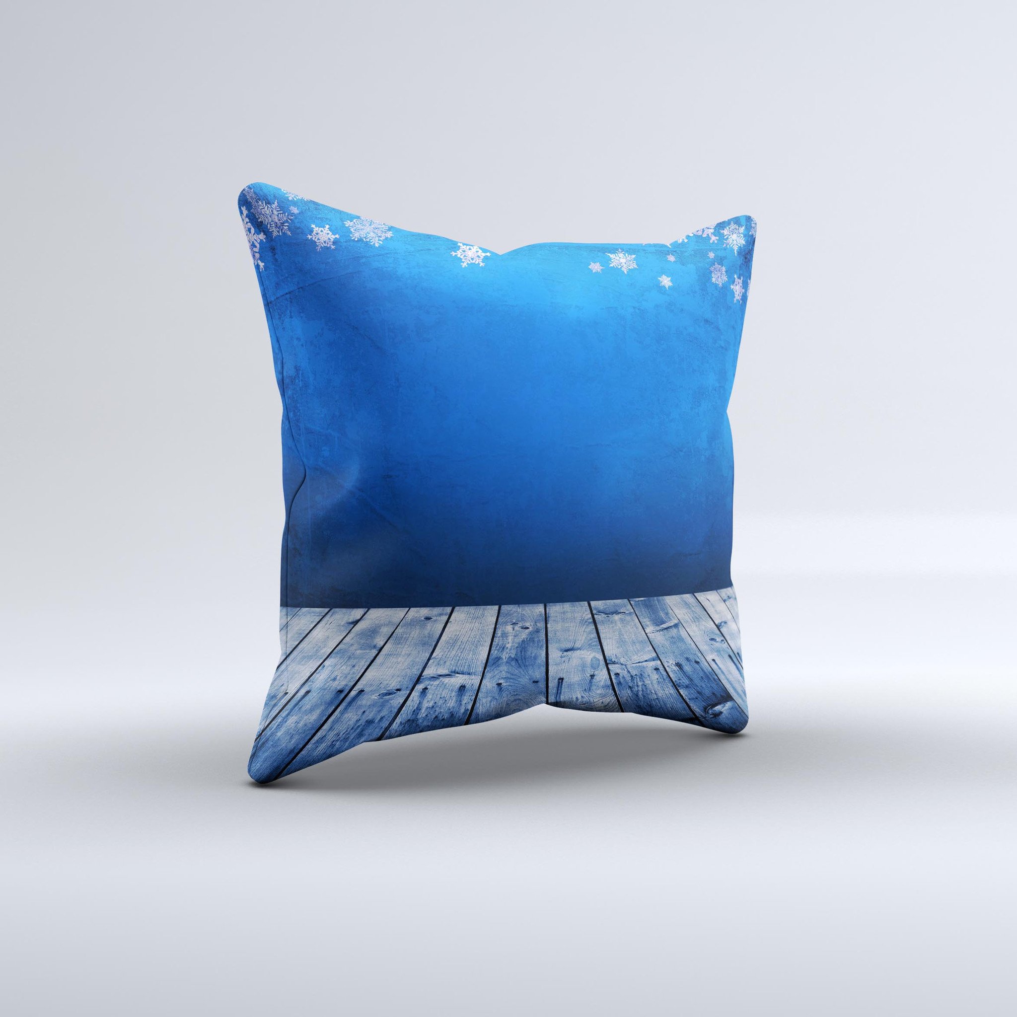 Snowy Blue Wooden Dock ink-Fuzed Decorative Throw Pillow showcasing a unique design with a high thread count fabric and plush filling.