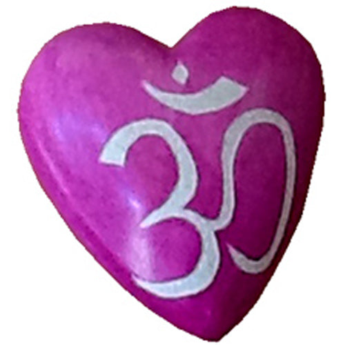 Handcrafted soapstone heart featuring an etched Om symbol, showcasing vibrant colors and smooth finish, symbolizing spirituality and artisan craftsmanship.