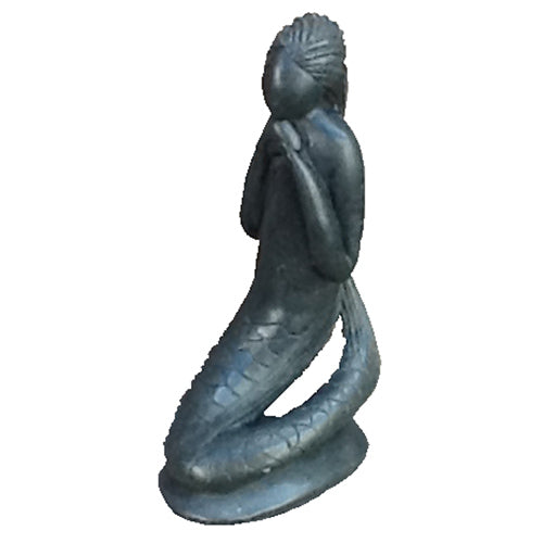 Hand-carved soapstone mermaid sculptures in white and gray, showcasing intricate details and craftsmanship.